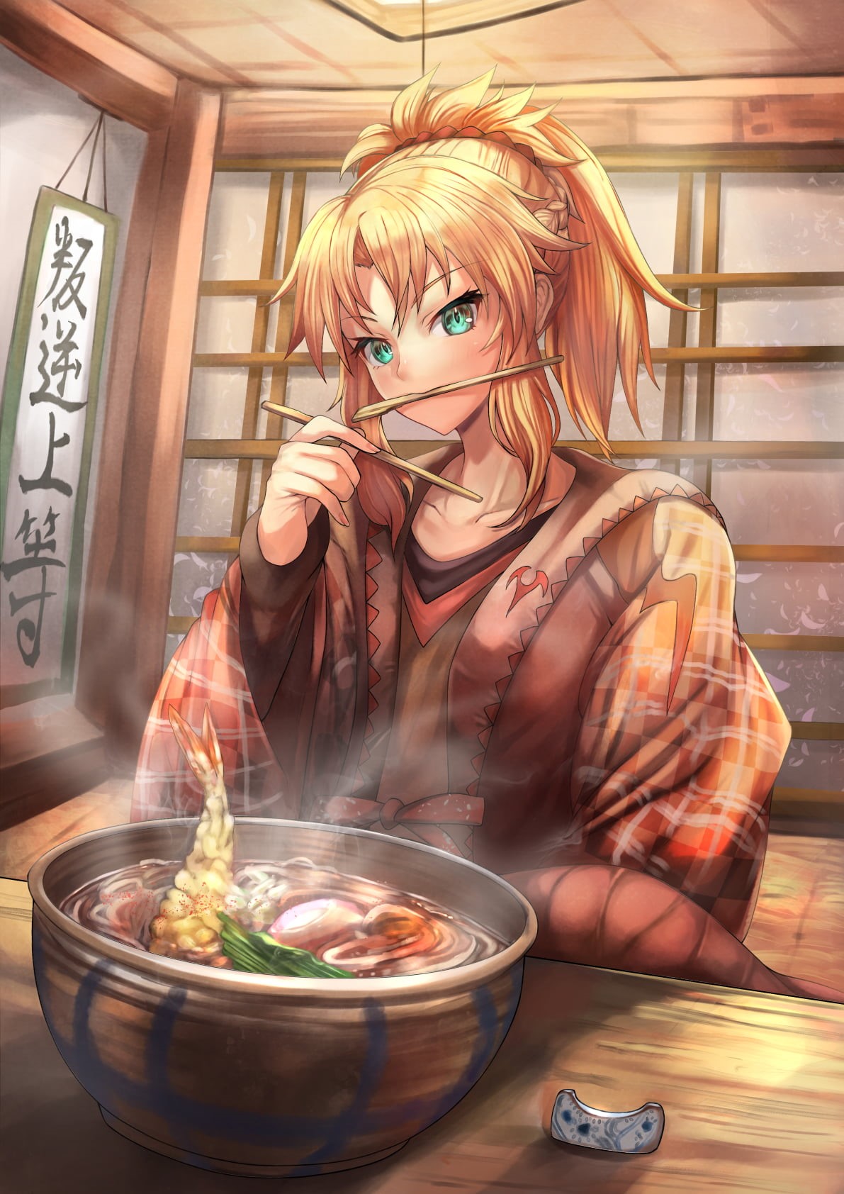 ramen, Red Saber, anime, blonde, room, Fate/Grand Order, sweater, portrait display, anime girls, soup, 720P, Mordred (Fate/Apocrypha), food, FGO, green eyes, Phone HD Wallpaper