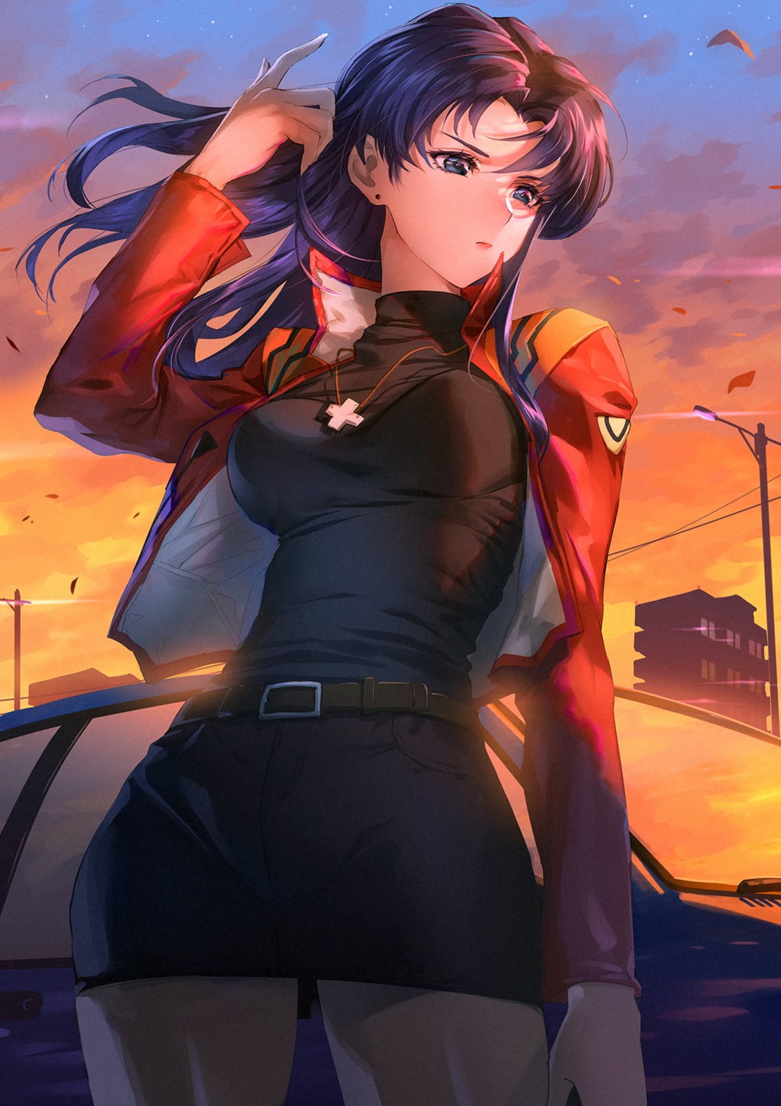 blue hair, Katsuragi Misato, black dress, car, 720P, long hair, red jackets, Neon Genesis Evangelion, cross, Phone HD Wallpaper
