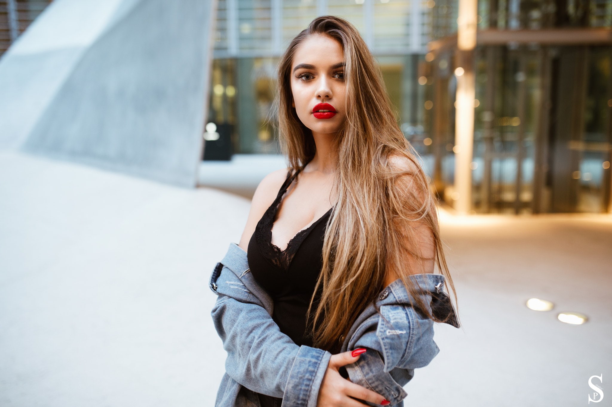 leather, city, brown eyes, brunette, fashion, portrait, teenager, young women, long hair, beauty, black tops, Patrick Schmetzer, architecture, casual clothing, HD Wallpaper