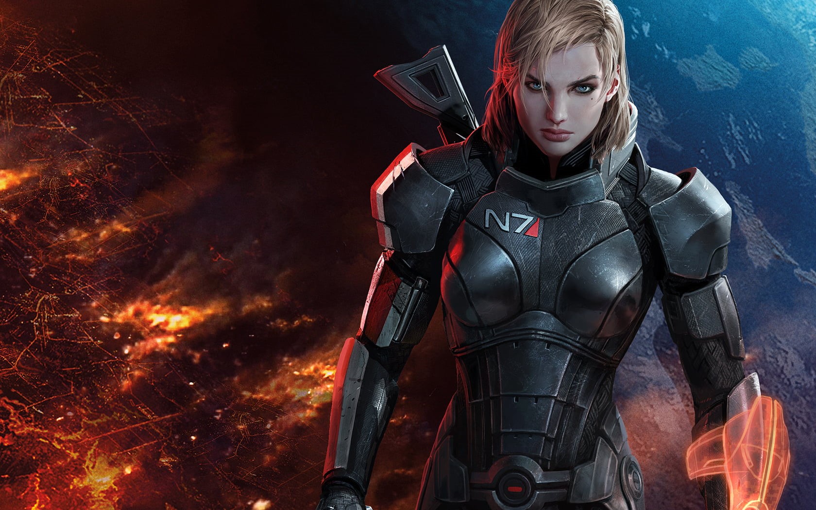 suit, illustration, Mass Effect, portrait, black, mass, waist up, hair, effect, one person, adventure, weapon, Games, women, sport, blond hair, aggression, HD Wallpaper