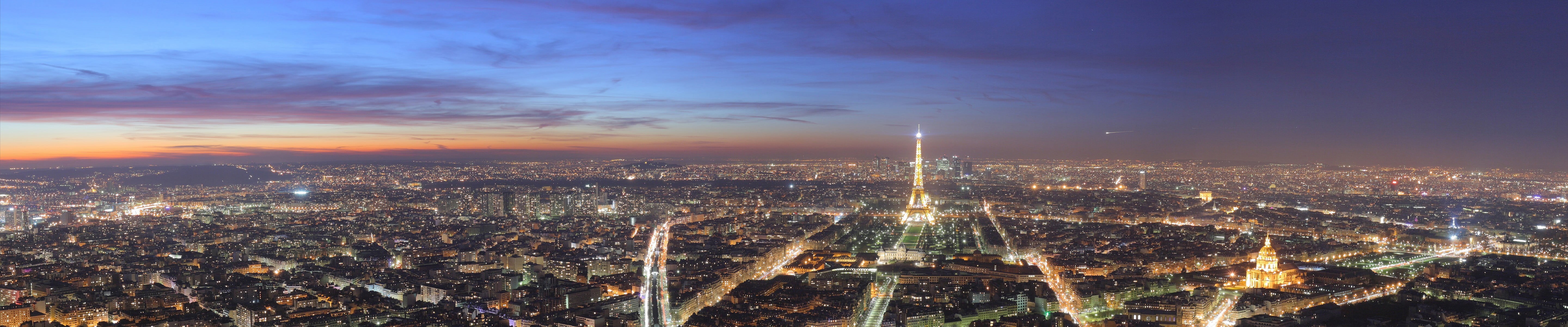 building exterior, city, triple screen, night, architecture, sky, landscape, panoramic, skyscraper, building, aerial view, cityscape, cloud - sky, built structure, HD Wallpaper