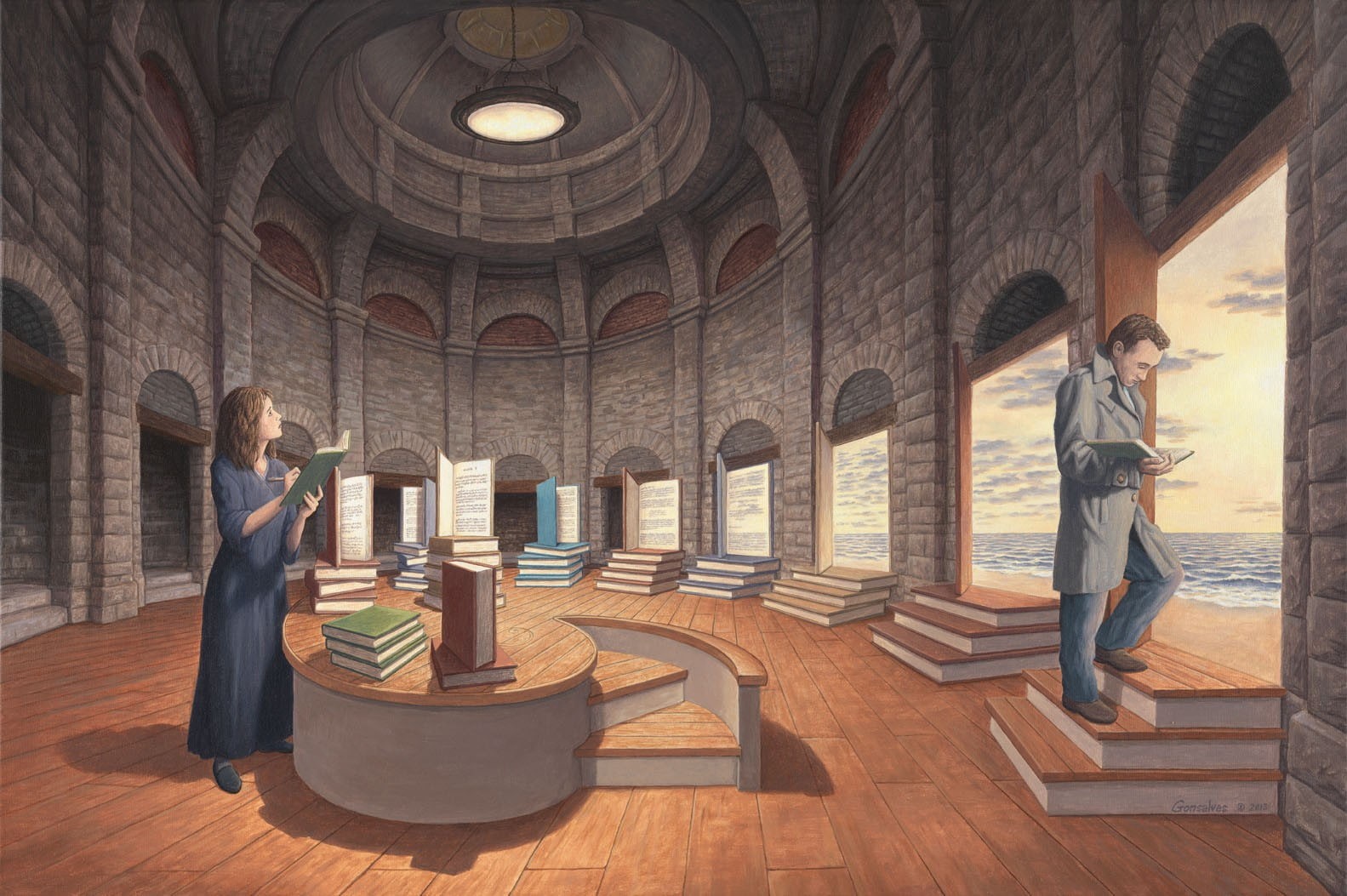 women, books, clouds, drawing, interior, reading, optical illusion, dome, arch, shadow, 720P, stairs, sea, artwork, digital art, men, HD Wallpaper