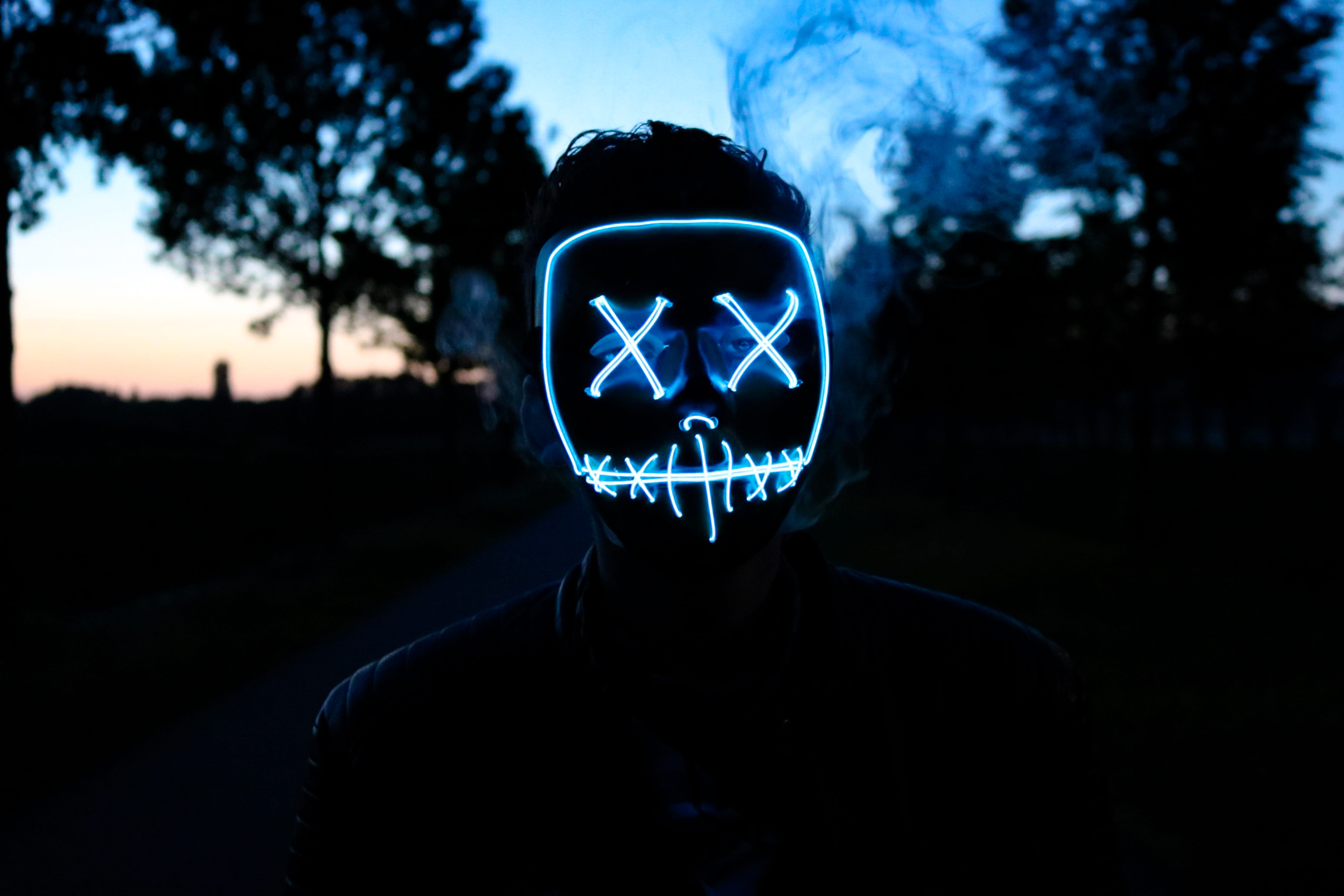 one person, hair, dark, adventure, mask, portrait, nature, plant, technology, front view, light, silhouette, road, tree, smoke, real people, communication, HD Wallpaper