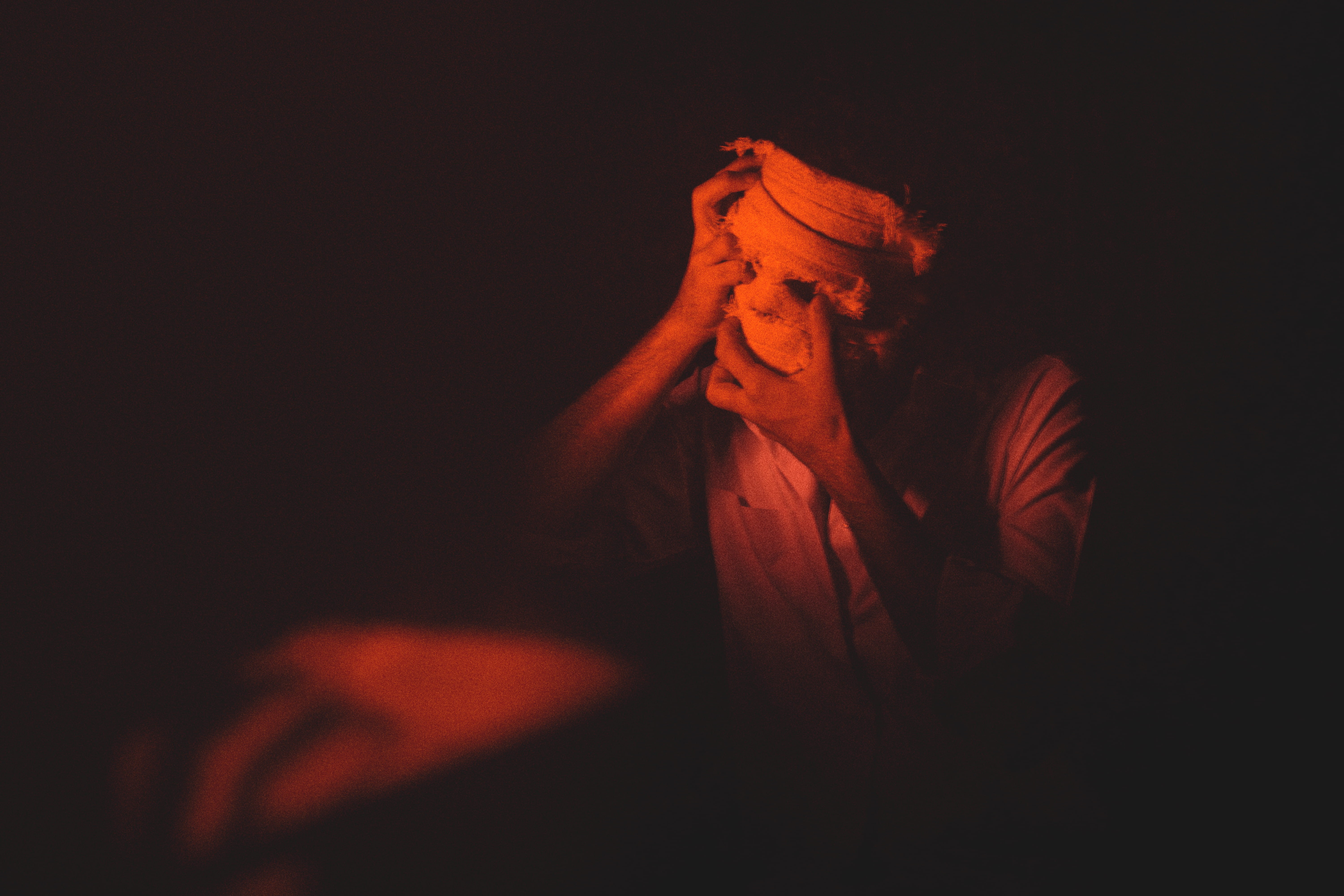 art, head, lowkey, t, red, orange color, contemplation, clothing, hat, full, finger, indoors, studio shot, female, face, person, human, scary, apparel, HD Wallpaper