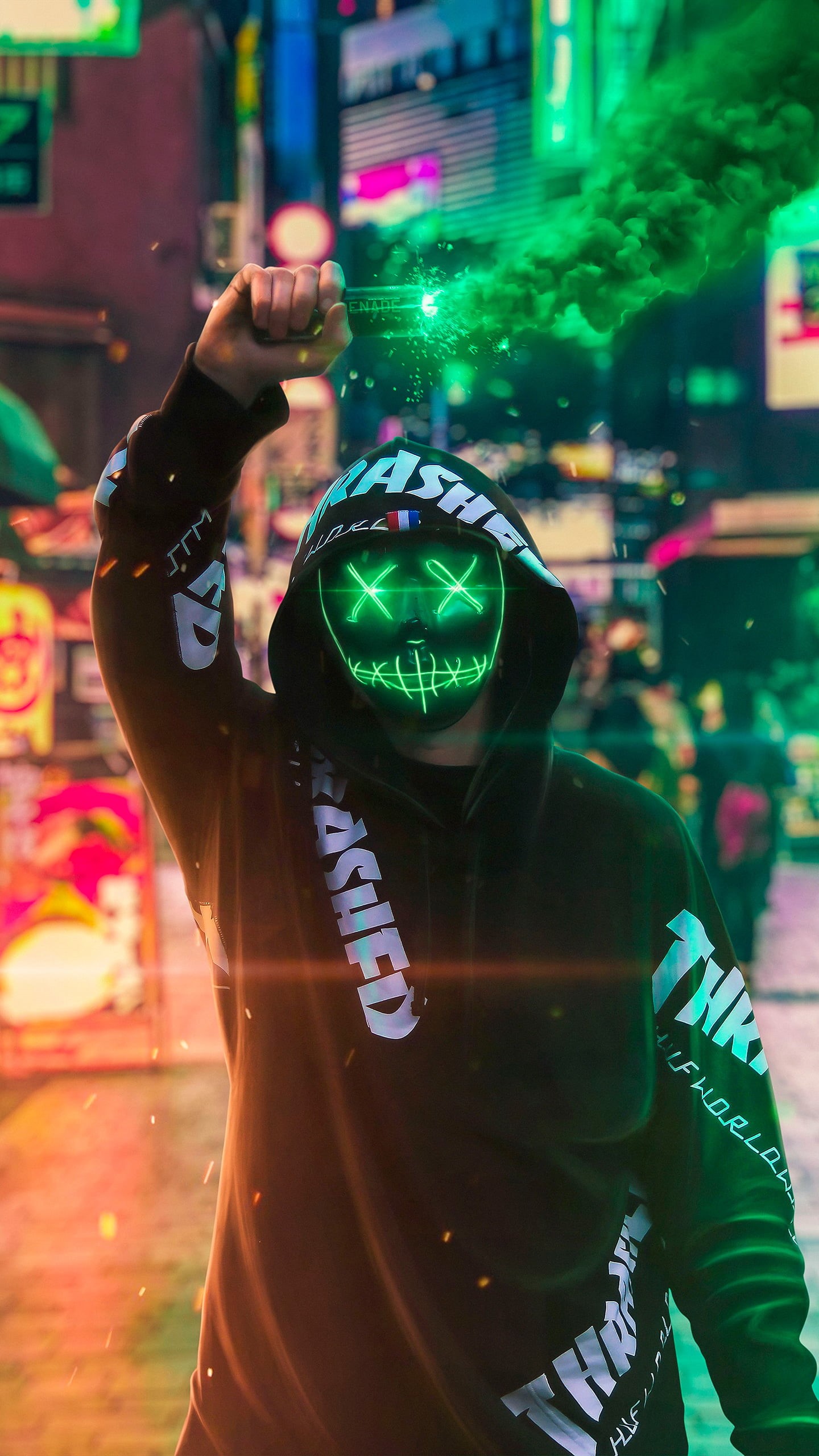 green, urban, city, hoods, mask, lights, smoke, 2K, Phone HD Wallpaper