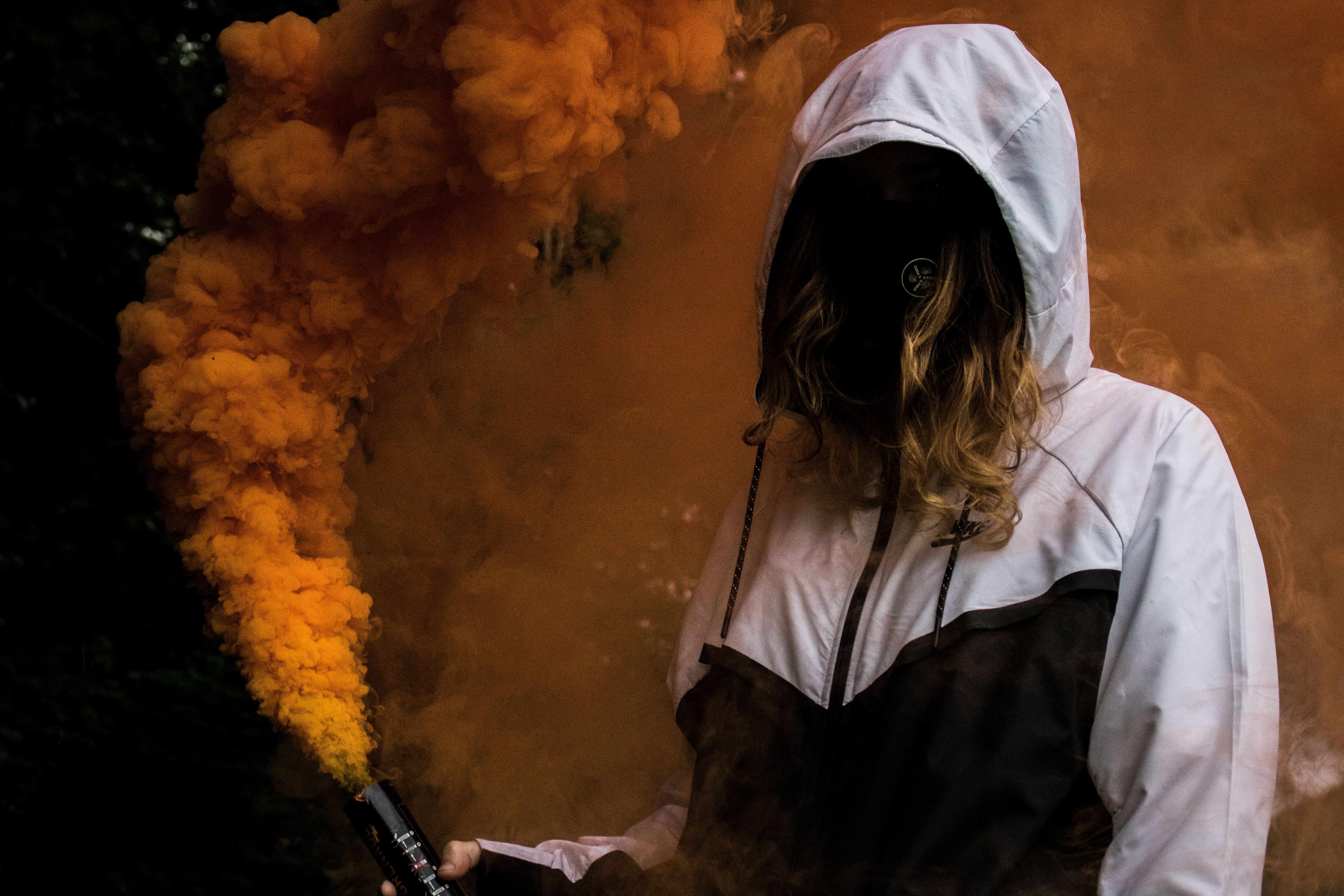smoke, unrecognizable person, clothing, fire - natural phenomenon, one person, woman, indoors, portrait, flame, colorful smoke, fire, screen, urban, black color, HD Wallpaper
