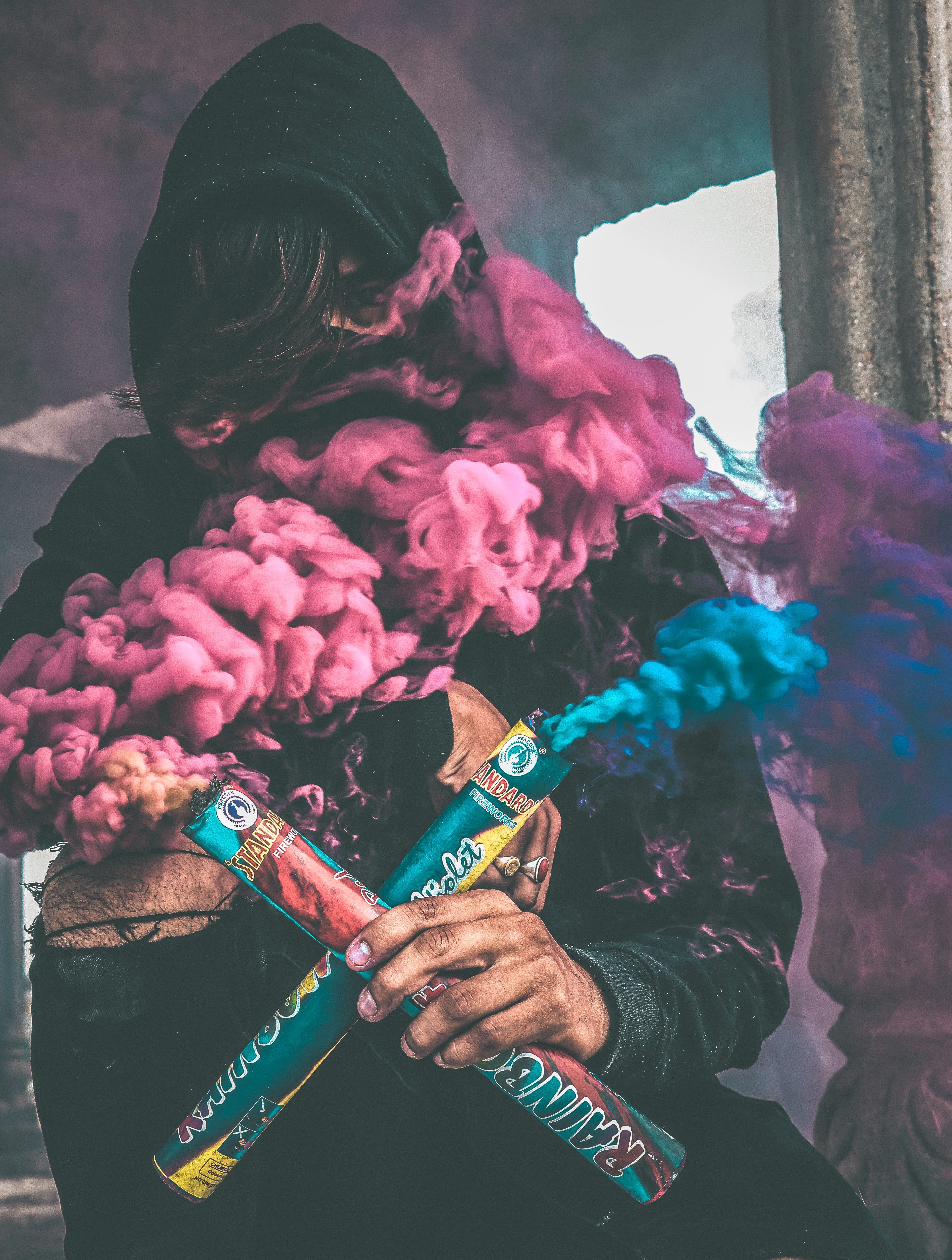 arts culture and entertainment, performance, 4K, hoodie, one person, lifestyles, smoke, men, makers, focus on foreground, event, obscured face, blue, purple, Phone HD Wallpaper