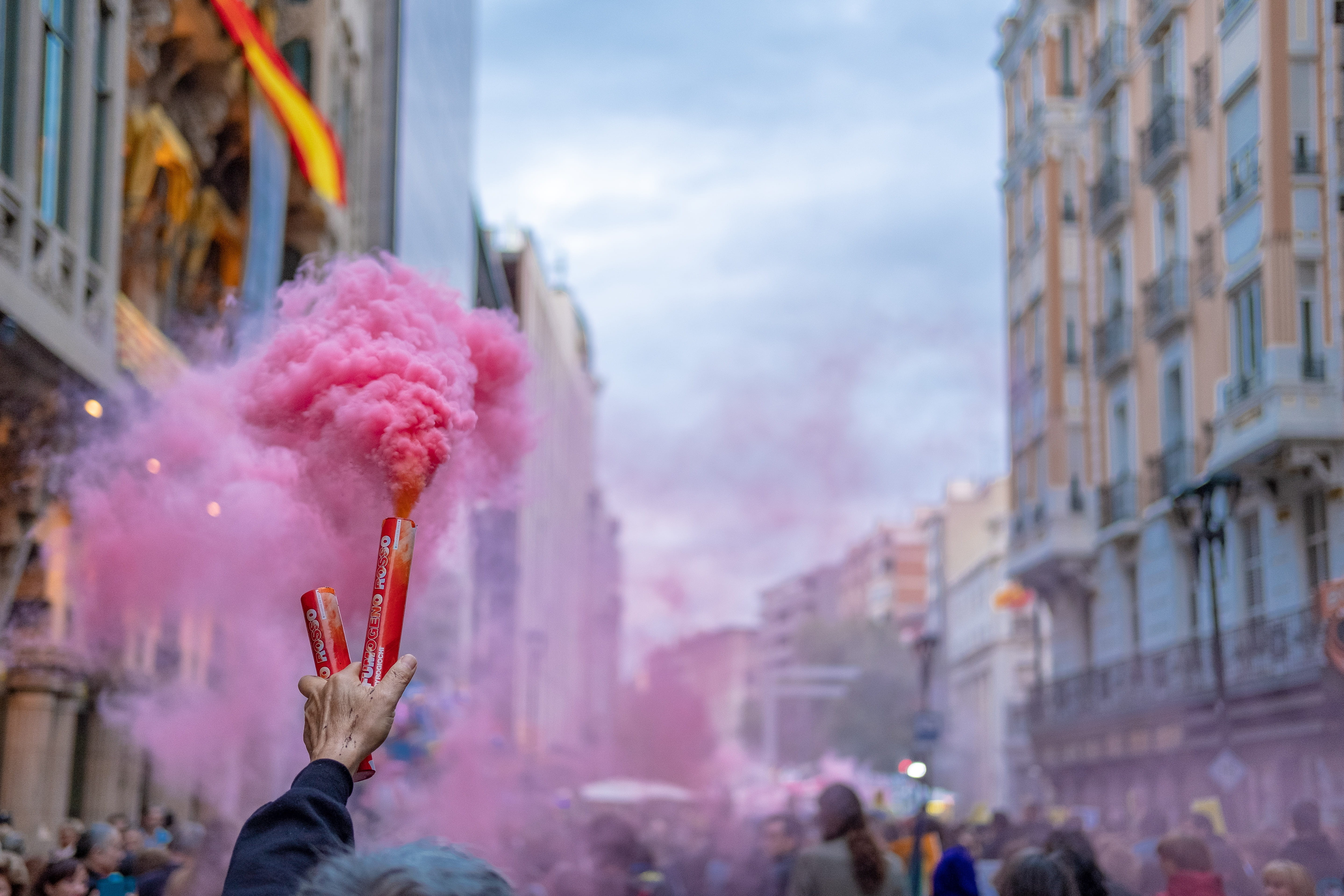 street, pink smoke, 5K, portrait, celebration, arms raised, real people, incidental people, smoke bomb, holi, headshot, city, holding, group of people, HD Wallpaper