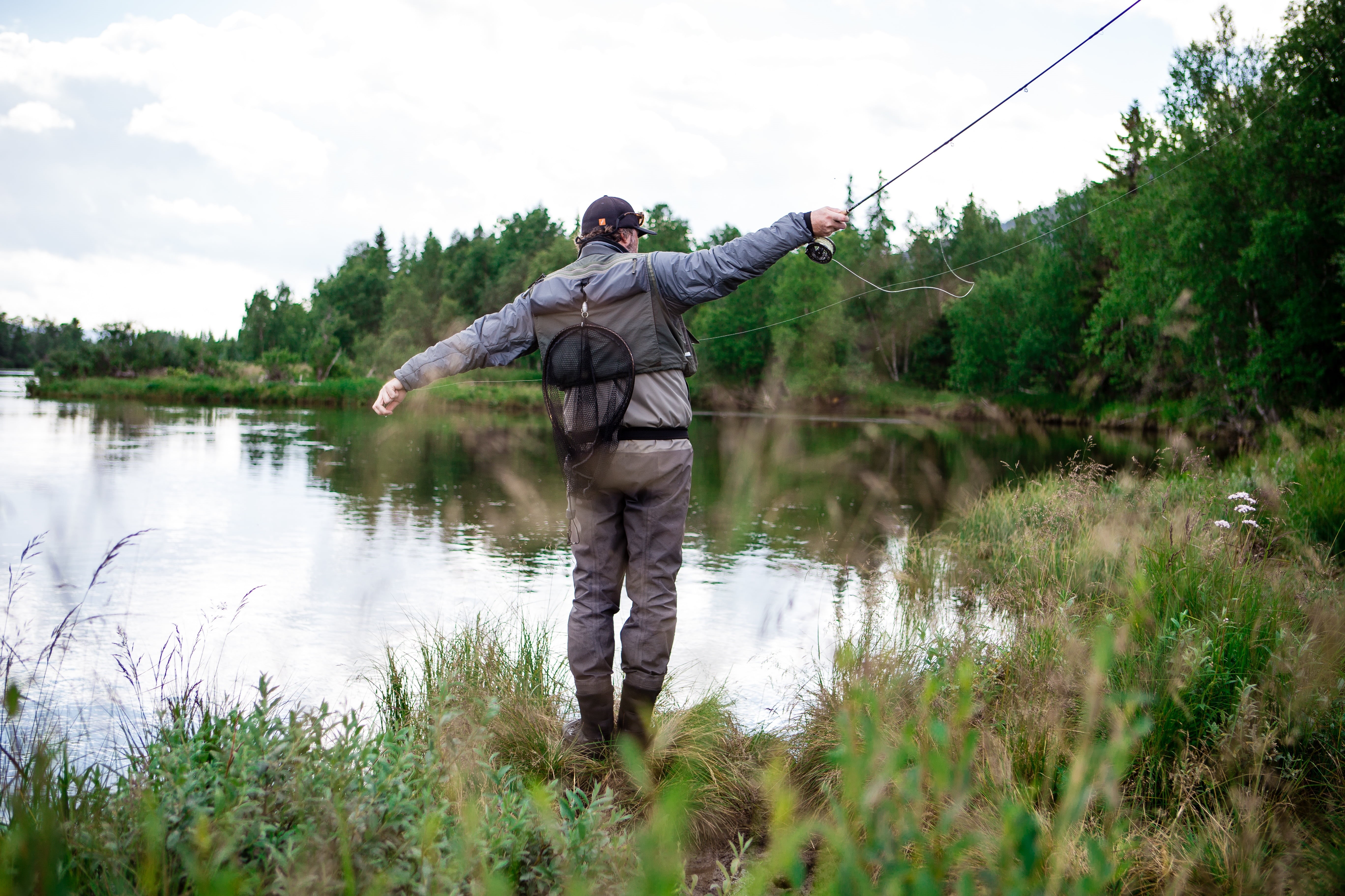 tree, clouds, grass, adult, fishing, across, blue, one man only, plant, day, man, reflection, full length, hunter, holding, 5K, body, standing, beauty in nature, HD Wallpaper