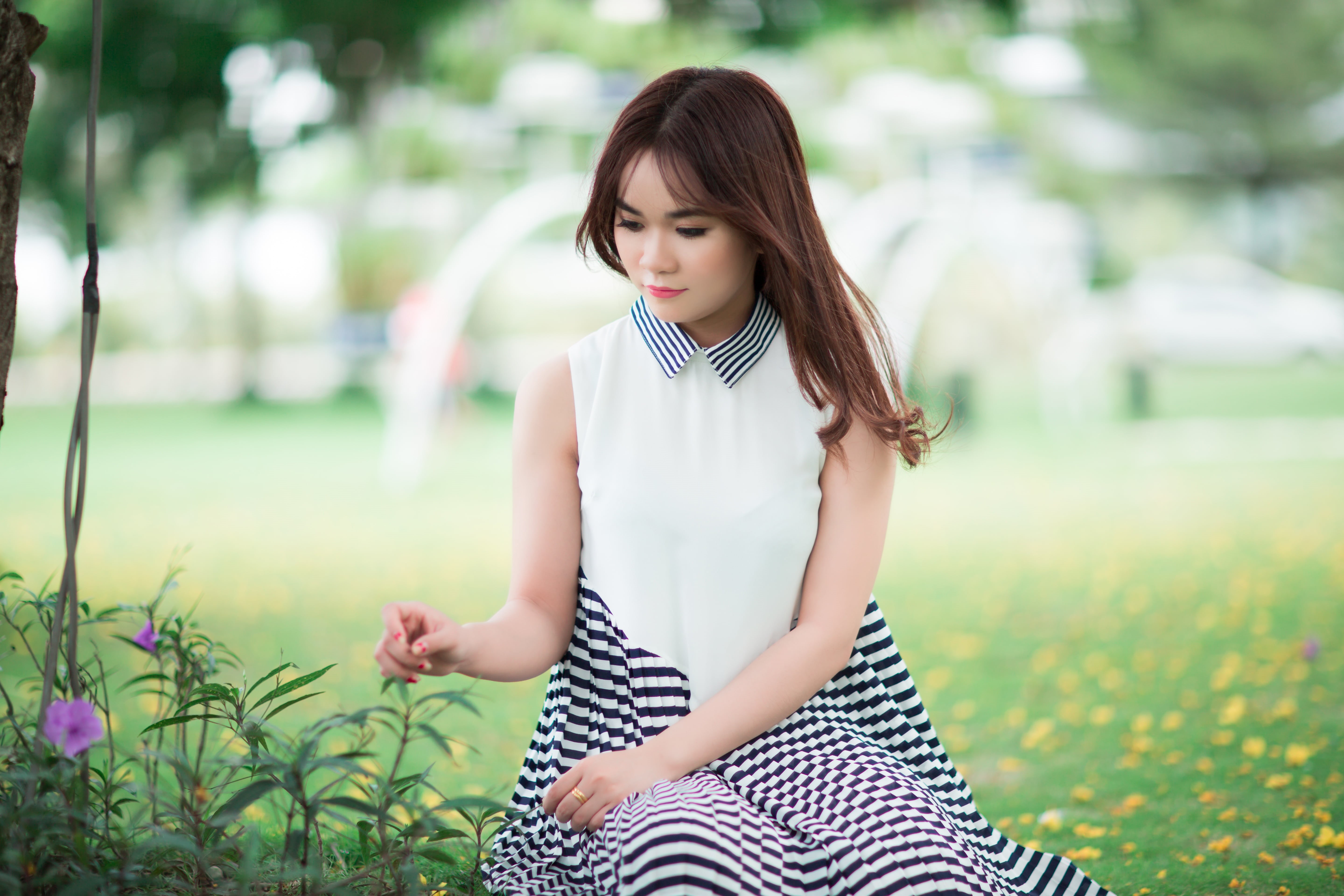 adult, female, grass, young women, sitting, one person, people, three quarter length, plant, beauty, girl, beautiful woman, flowering plant, adults only, HD Wallpaper