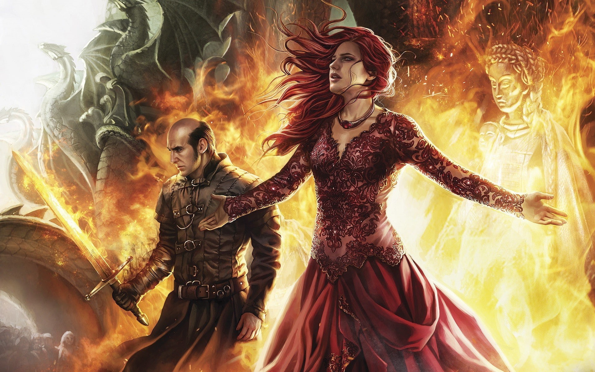 arms raised, adult, art and craft, fire, women, costume, creativity, representation, clothing, human limb, artwork fantasy art game of thrones fire statue dragon sword women redhead dress red dress melisandre stannis baratheon digital art a song of ice and fire fan art magic, HD Wallpaper