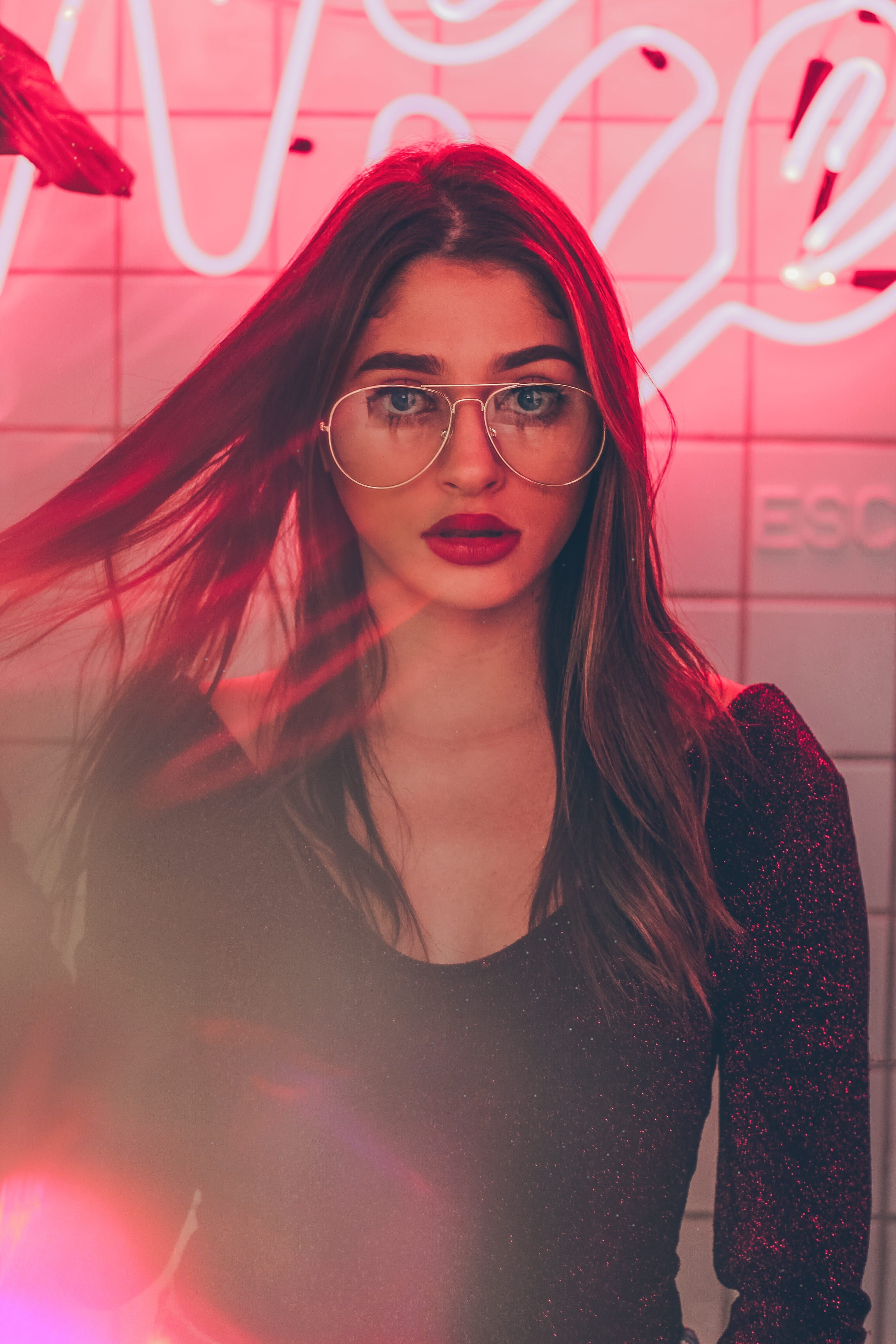 neon, red, retro, lipstick, girl, female, brunette, long, sleeved, rush, front view, eyeglasses, young, lifestyles, fashion, real people, beauty, young women, Phone HD Wallpaper