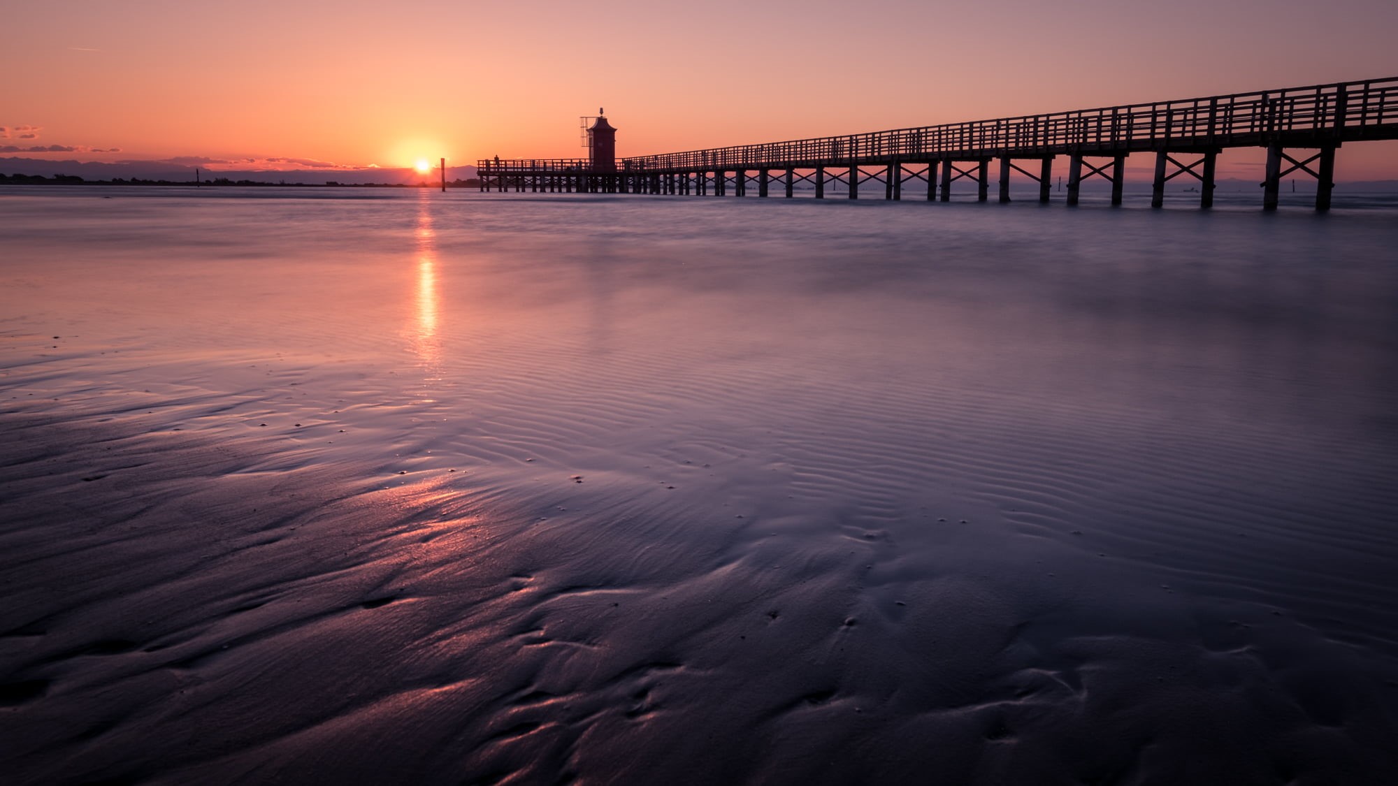 sea, bridge, 1080P, photography, landscape, sunset, italia, golden hour, sand, calm, lignano, Lignano Sabbiadoro, Seascape, Friuli-Venezia Giulia, sunrise, HD Wallpaper