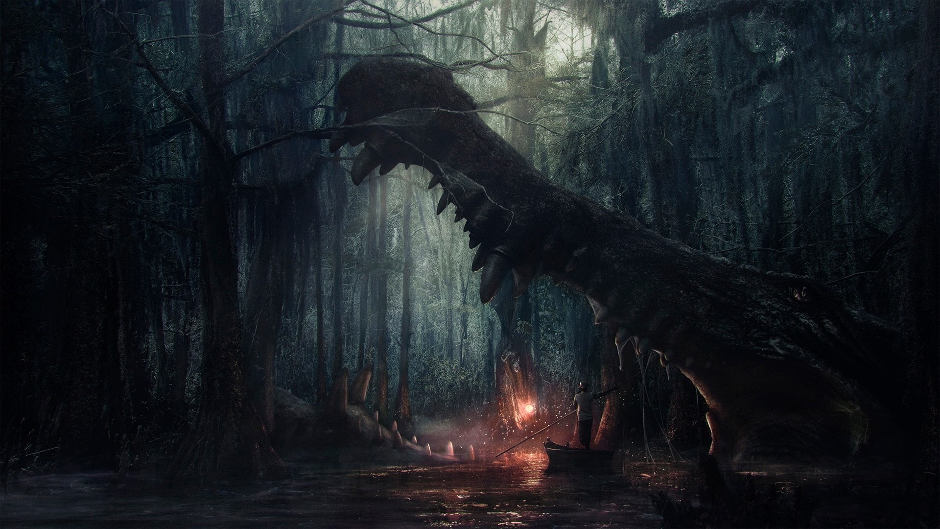 tree, fiction, teeth, darkness, forest, swamp, crocodile, mouth, bayou, wetland, 1080P, monster, jungle, HD Wallpaper