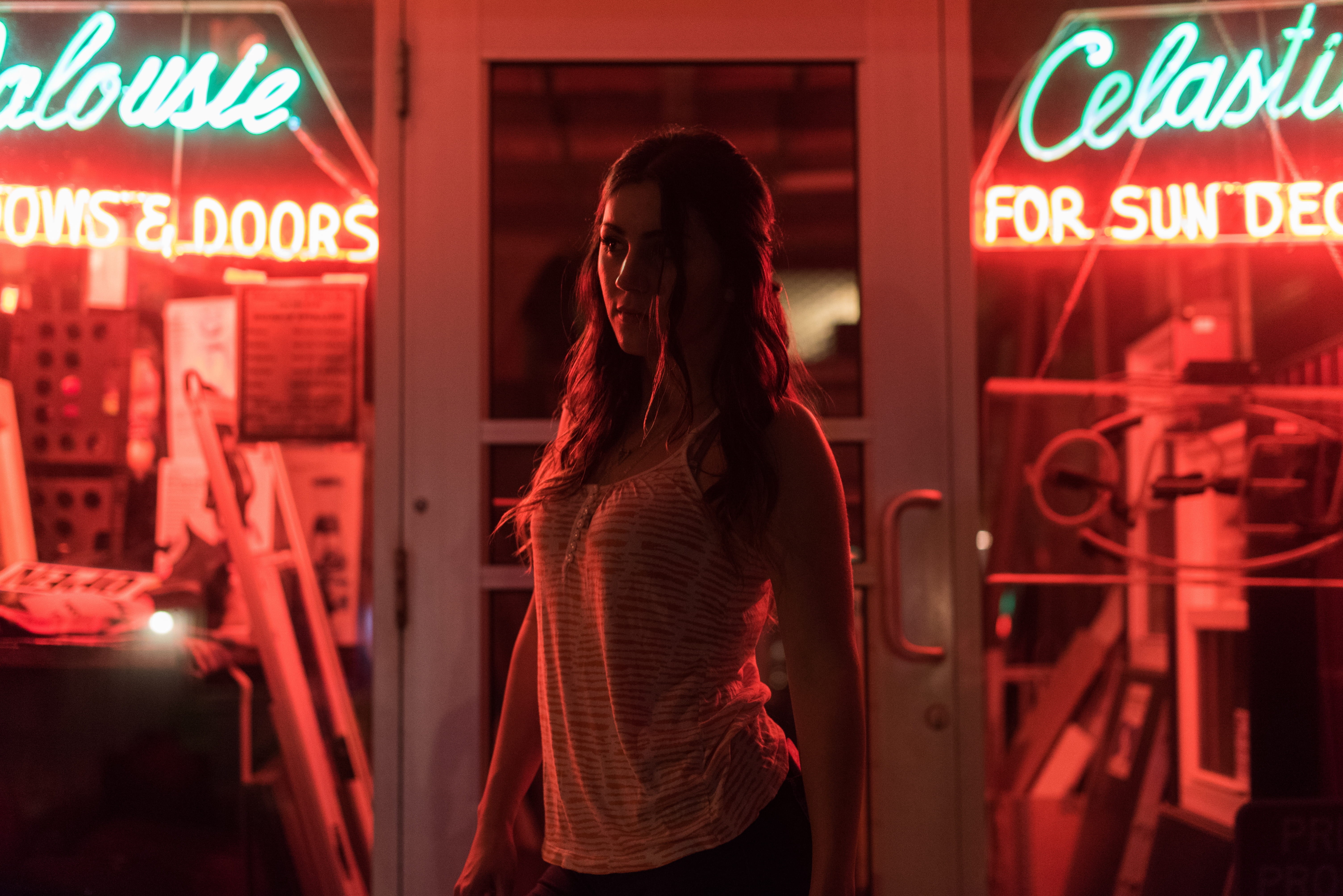 night, sign, 5K, scared, women, young women, hairstyle, dramatic, woman, green, store, illuminated, lifestyles, one person, front, long hair, text, portrait, HD Wallpaper
