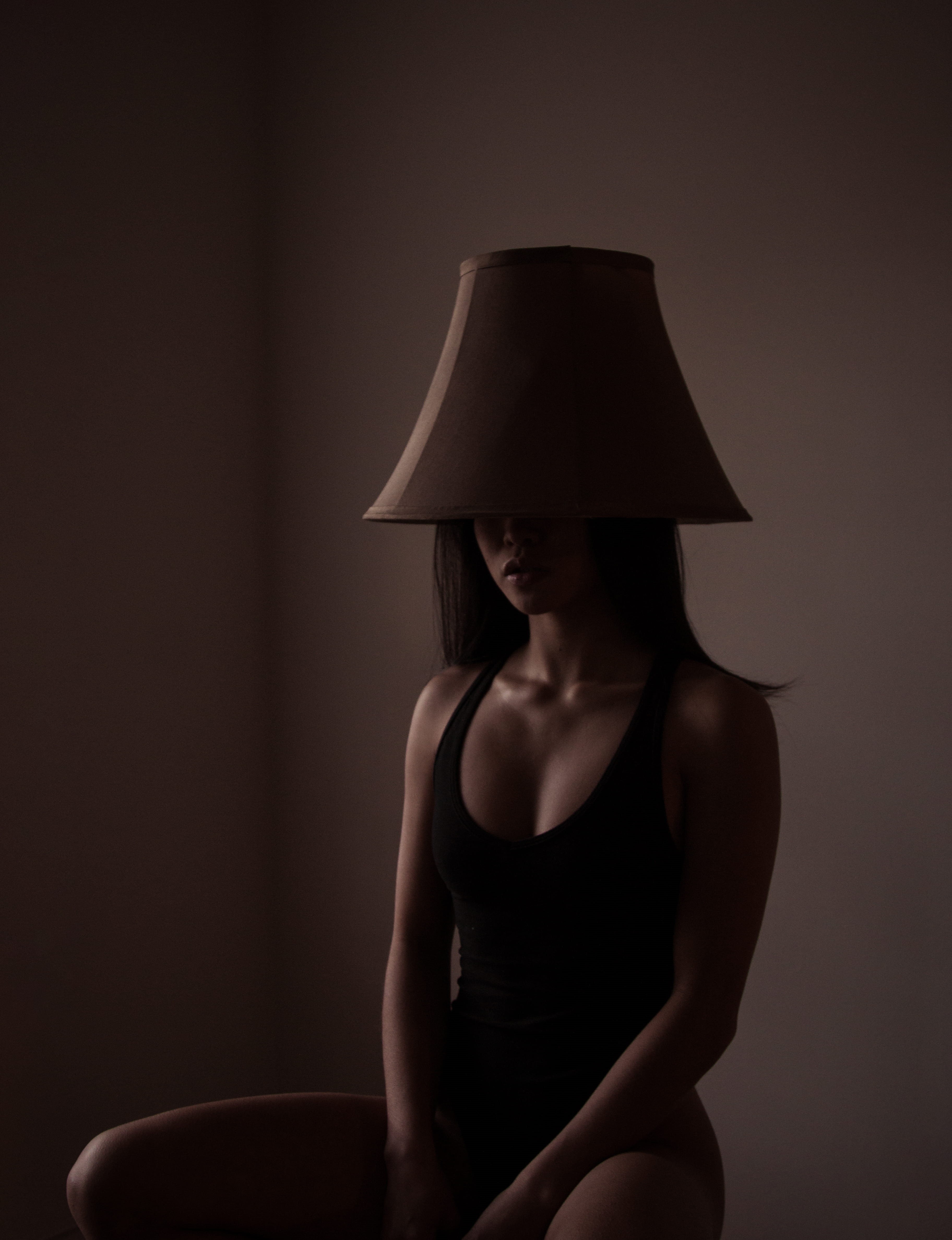 contemplation, 4K, one person, color, electric lamp, neck, lamp shade, portrait, top, indoors, clothing, chair, beautiful woman, women, sitting, light, Phone HD Wallpaper