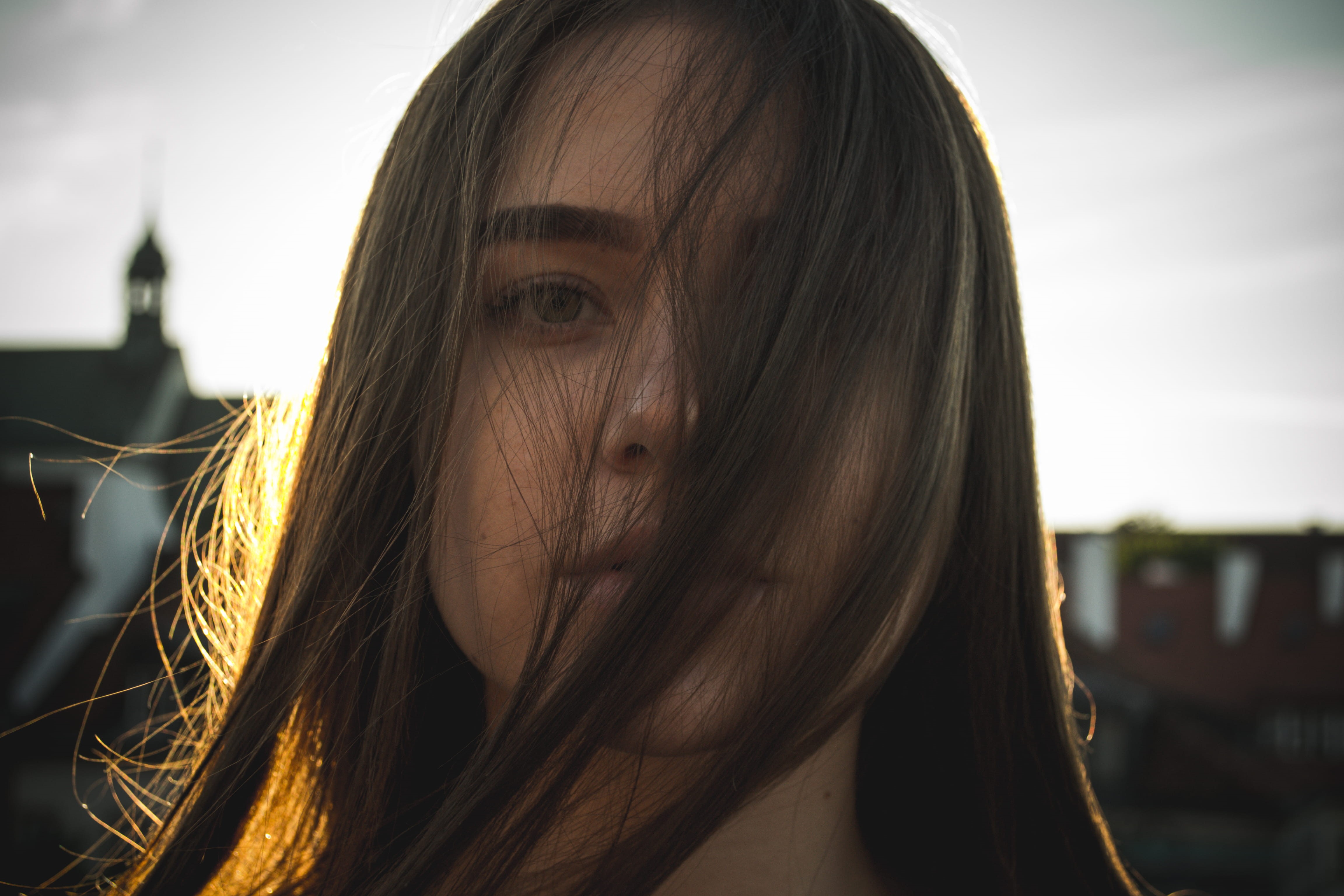 warsaw, evening, bangs, sky, focus on foreground, looking at camera, lighting, built structure, portrait, face, architecture, girl, long hair, contemplation, HD Wallpaper