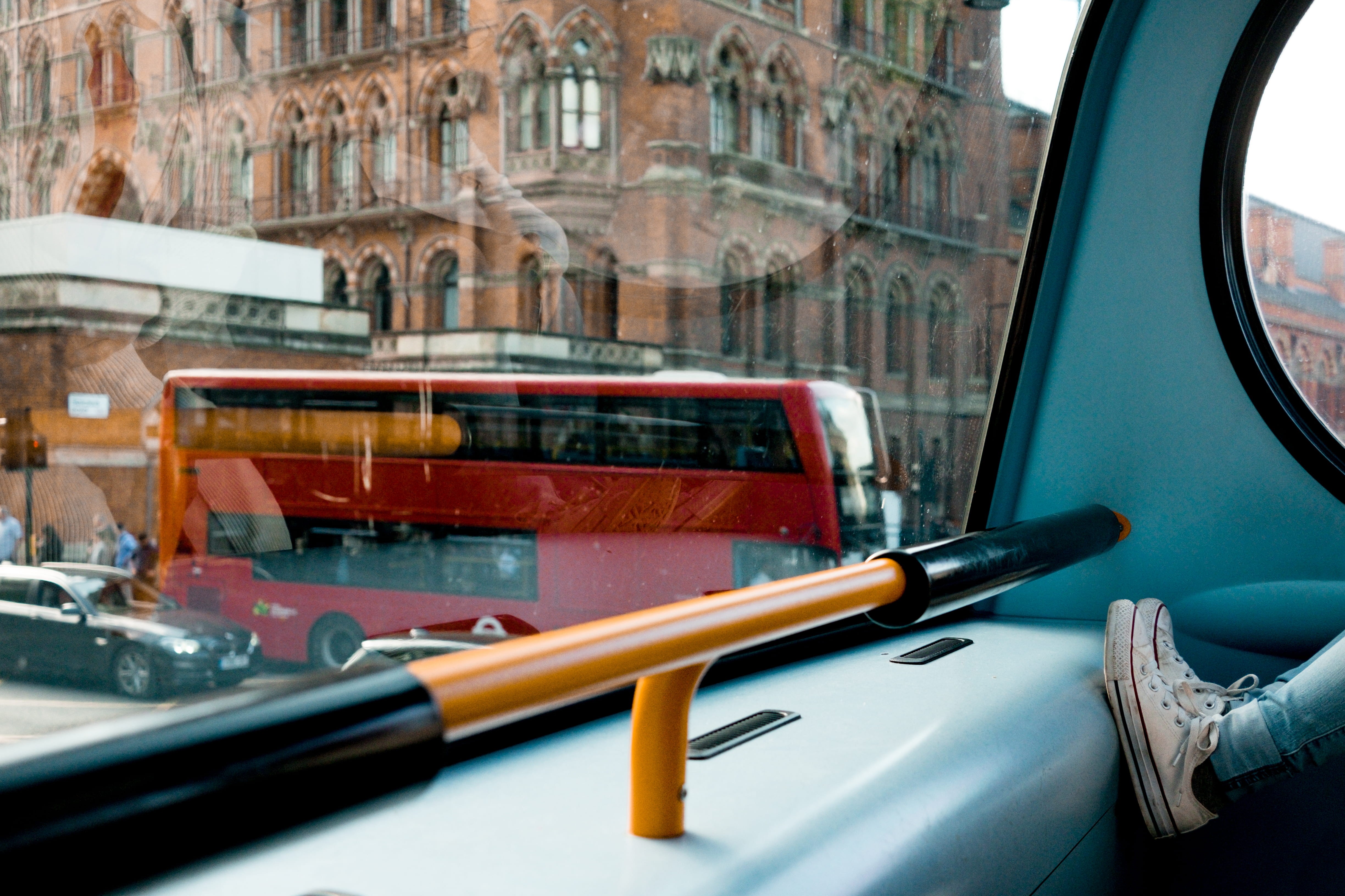 shoe, travel, street, red bus, outdoors, nautical vessel, foot, britain, london, close-up, windshield, reflection, 4K, no people, mode of transportation, HD Wallpaper