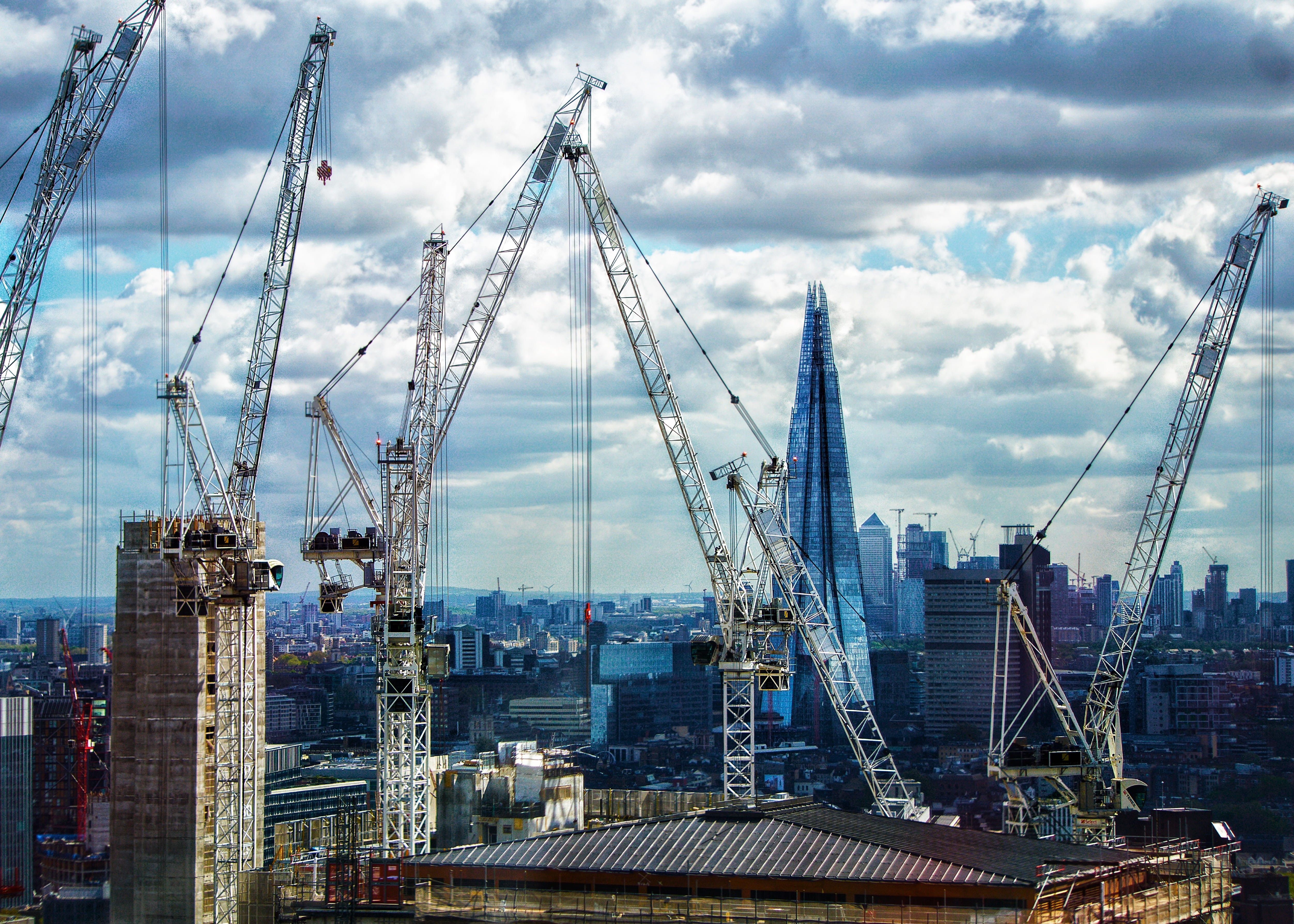 container, skyscrapers, pier, united kingdom, development, crans, water, the shard, outdoors, crane - construction machinery, freight transportation, transportation, HD Wallpaper