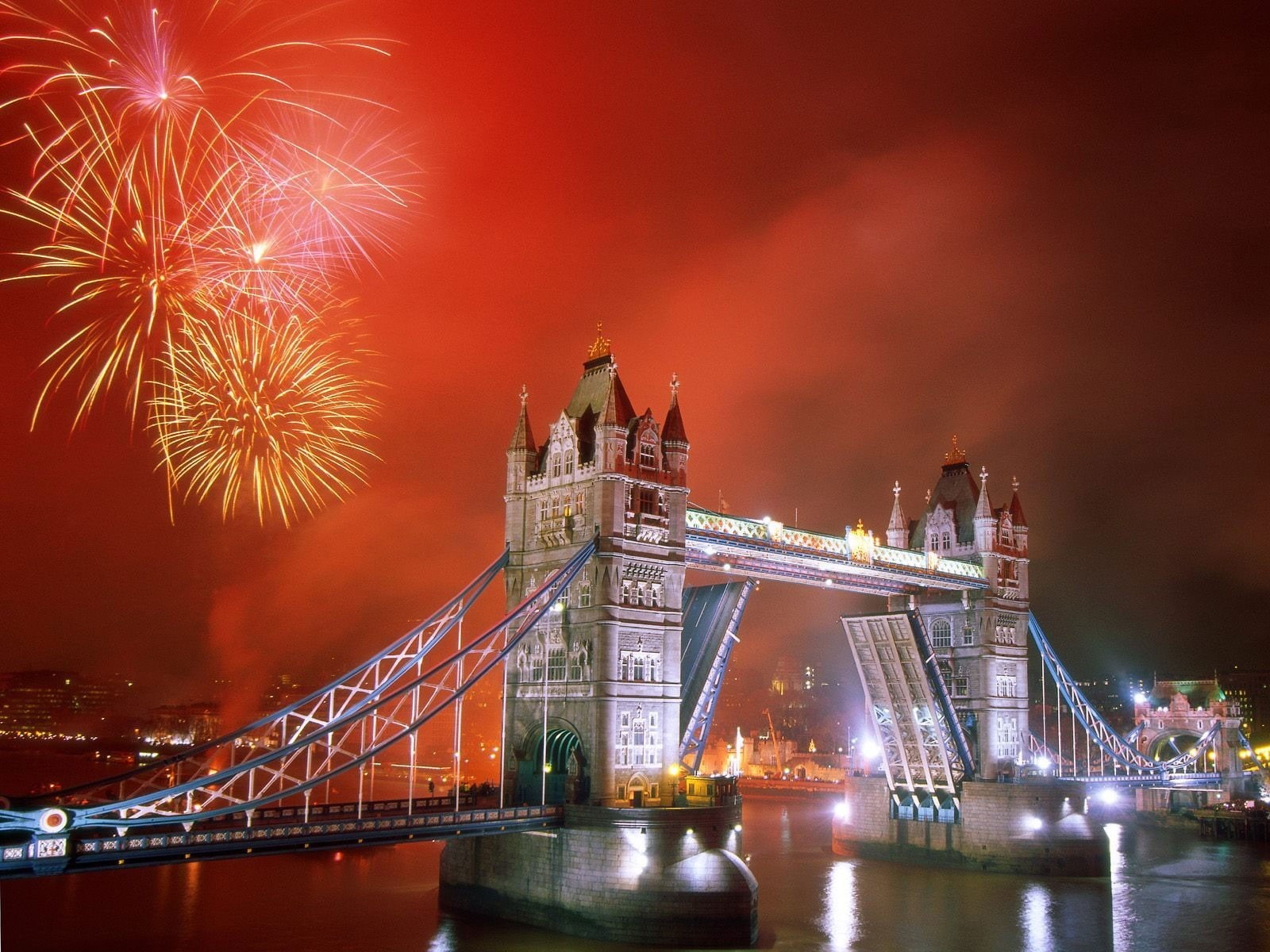 fireworks, London Bridge, UK, city, London, River Thames, 720P, bridge, architecture, HD Wallpaper