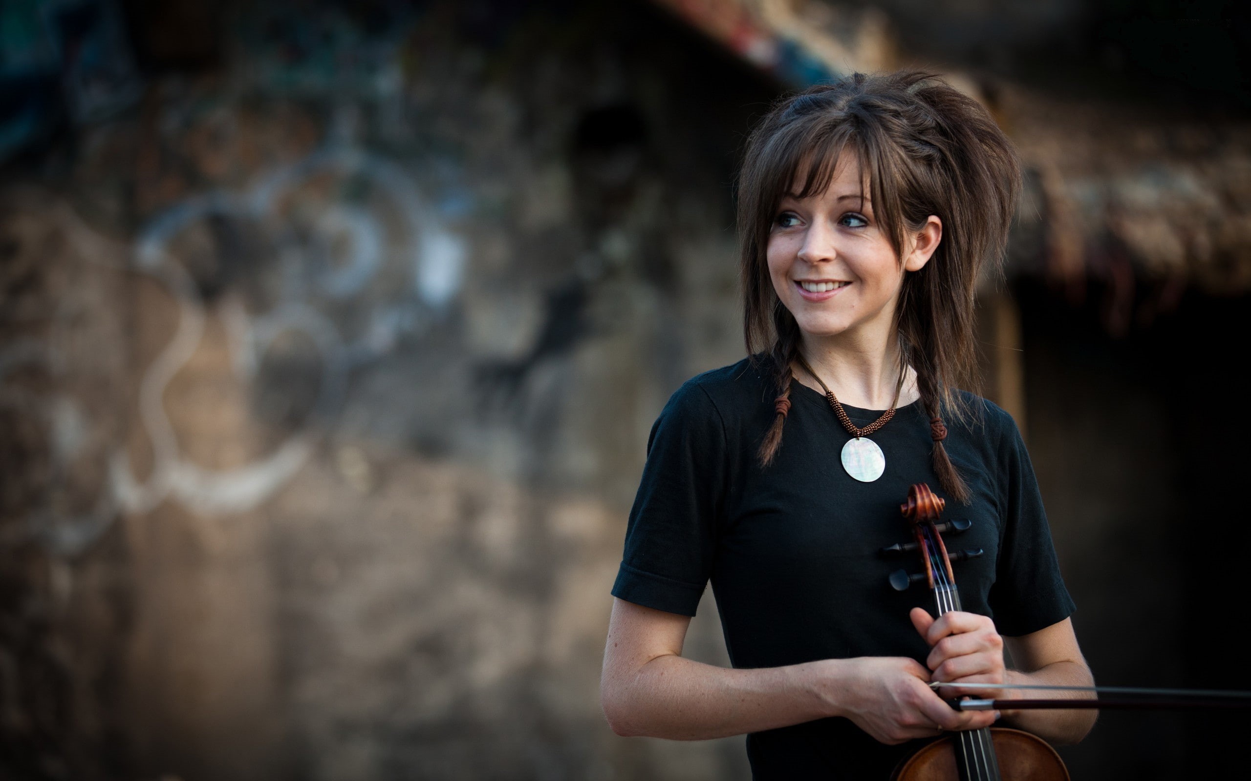 holding, looking at camera, bangs, emotion, portrait, women, adult, hair, one person, front view, casual clothing, waist up, violin, young adult, focus on foreground, HD Wallpaper