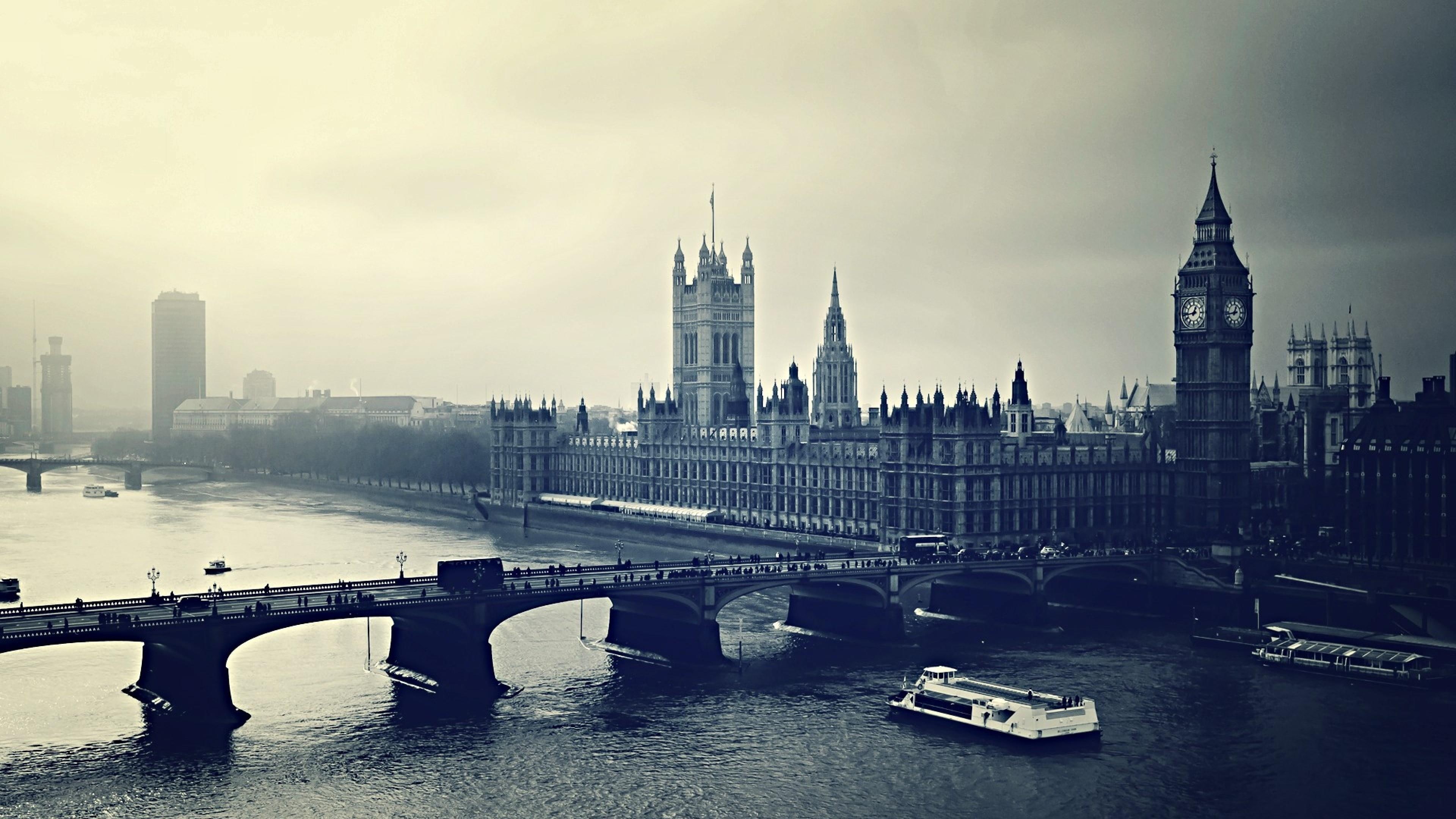 river, black and white, big ben, metropolis, england, bridge, skyline, 4K, reflection, skyscraper, thames, landmark, downtown, europe, sky, building, daytime, HD Wallpaper