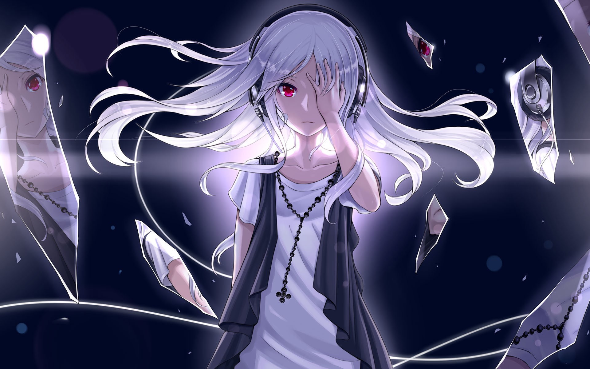 lights, shards of glass, art, headphones, nidy-2d-, music, reflection, look, 1080P, girl, HD Wallpaper