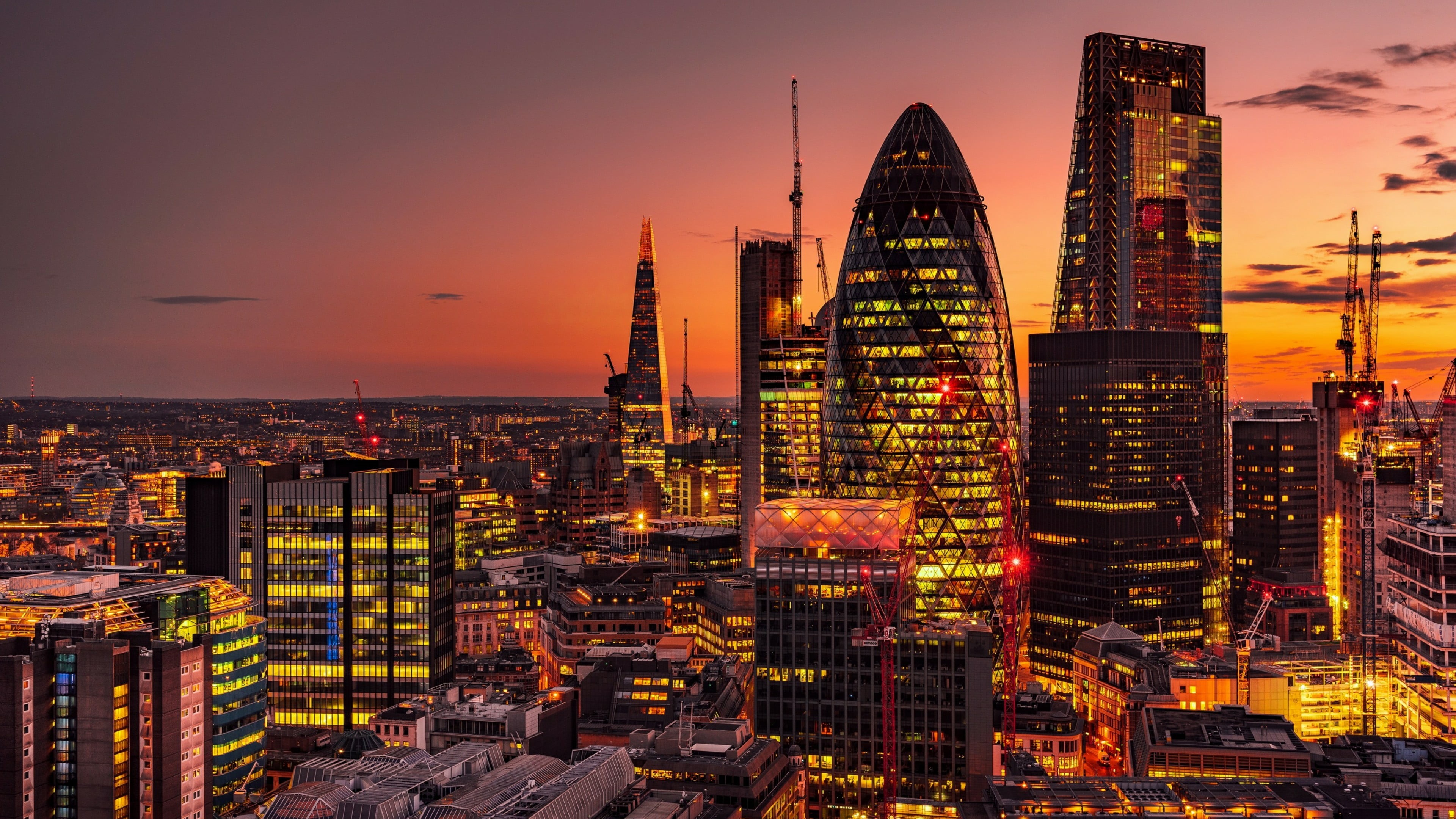 illuminated, city lights, england, sunset, metropolis, afterglow, 4K, landscape, skyscraper, outdoors, tall - high, night, landmark, tower block, tower, HD Wallpaper