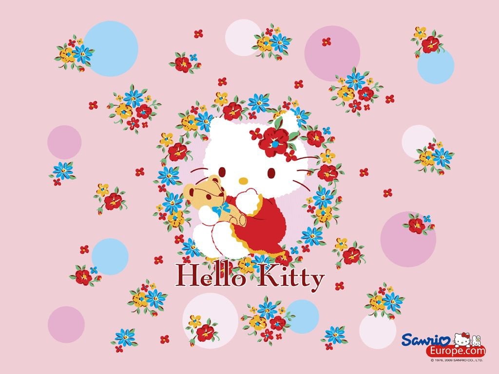 bear, 480P, kitty, Flowers, surrounded, anime, hello, art, sanrio, Hello Kitty, Sweet, hd, HD Wallpaper
