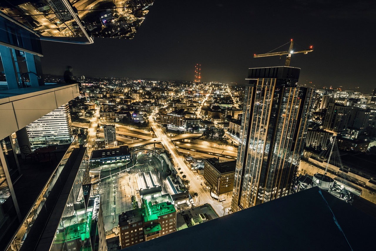 city life, transportation, 720P, travel destinations, street, building exterior, modern, skyscraper, high, night, high angle view, cranes (machine), illuminated, HD Wallpaper
