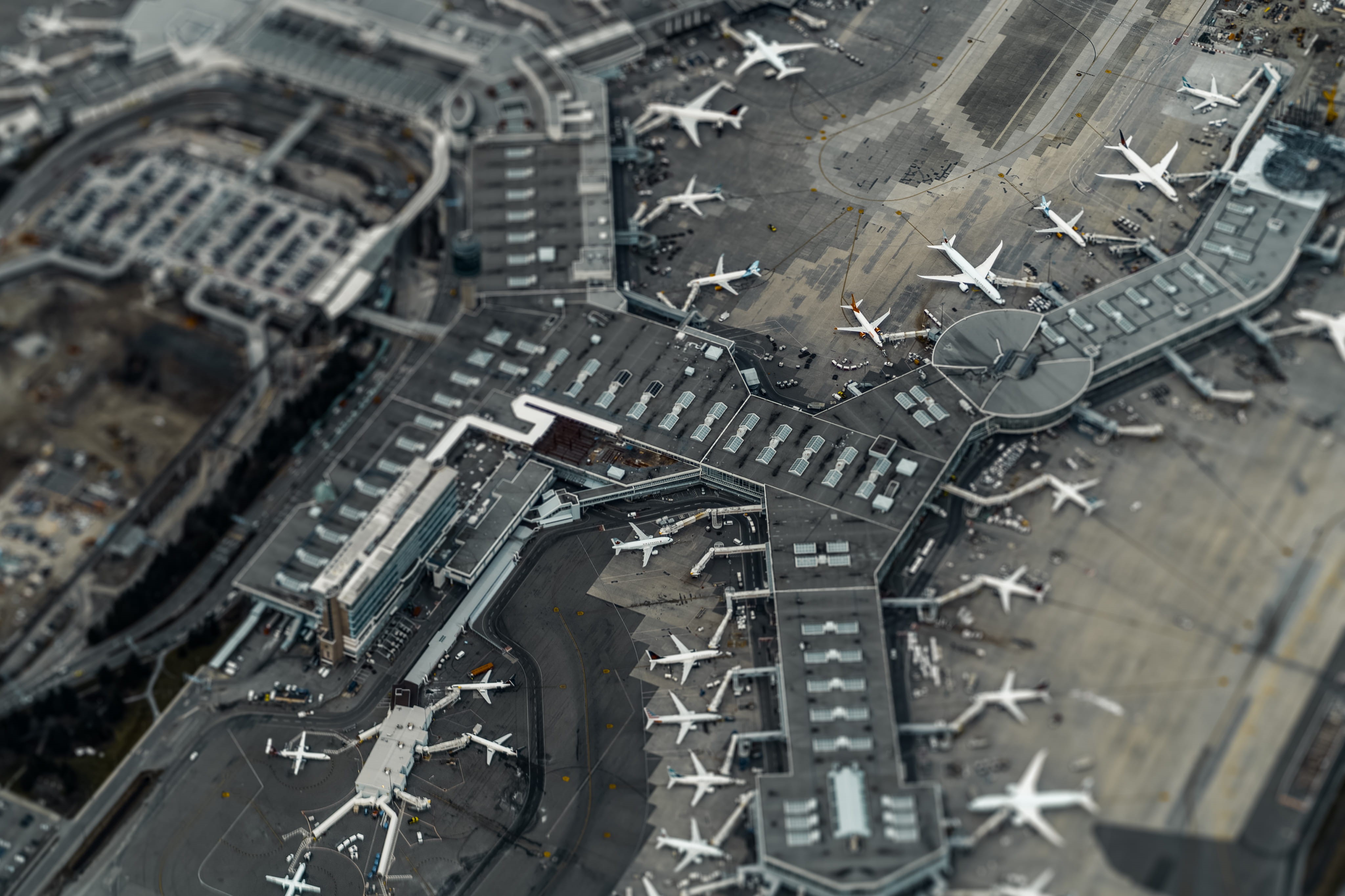 aerial photography, airplane, airport, indoors, scenery, airfield, angle, aircraft, industry, engine, full frame, high, jet engine, canada, no people, runway, HD Wallpaper