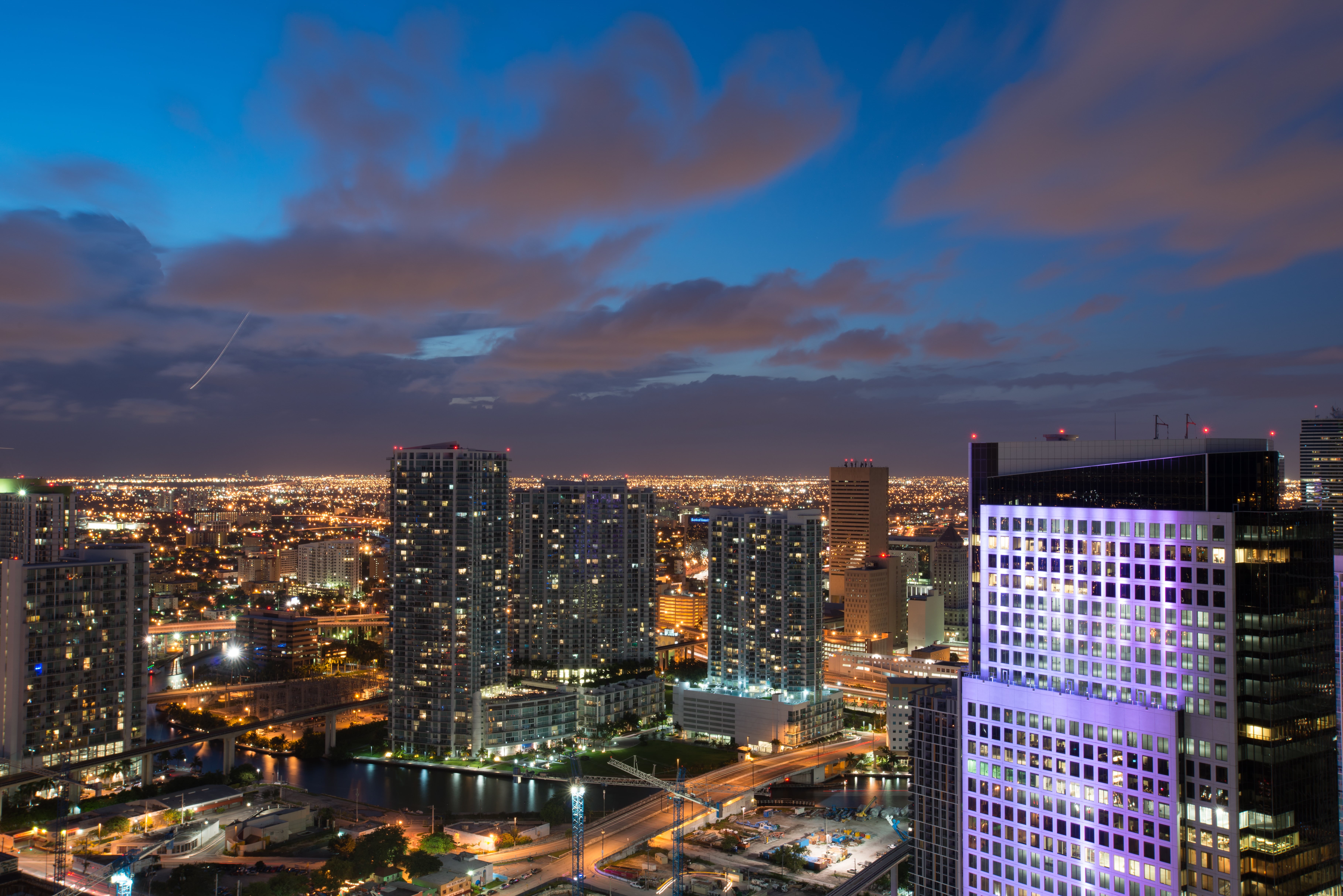 scape, cityscape, angle, high, skyscraper, city scape, architecture, Miami, night, Brickell, view, downtown District, urban Skyline, dusk, building Exterior, HD Wallpaper