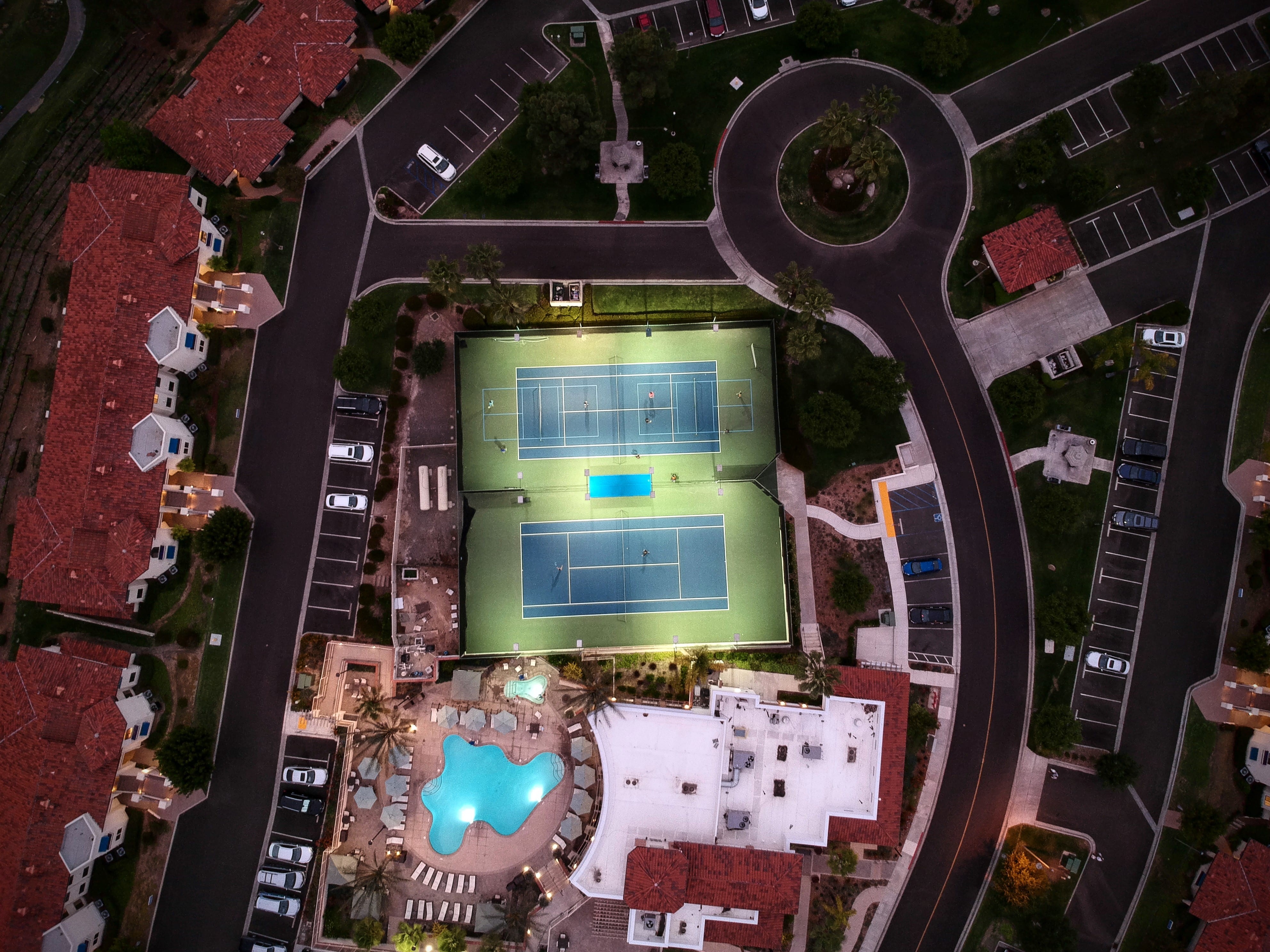 urban, stadium, night, pool, dark, high angle view, summer, hotel, photography, high, directly above, car, building, drone view, parking, aerial view, outdoors, HD Wallpaper