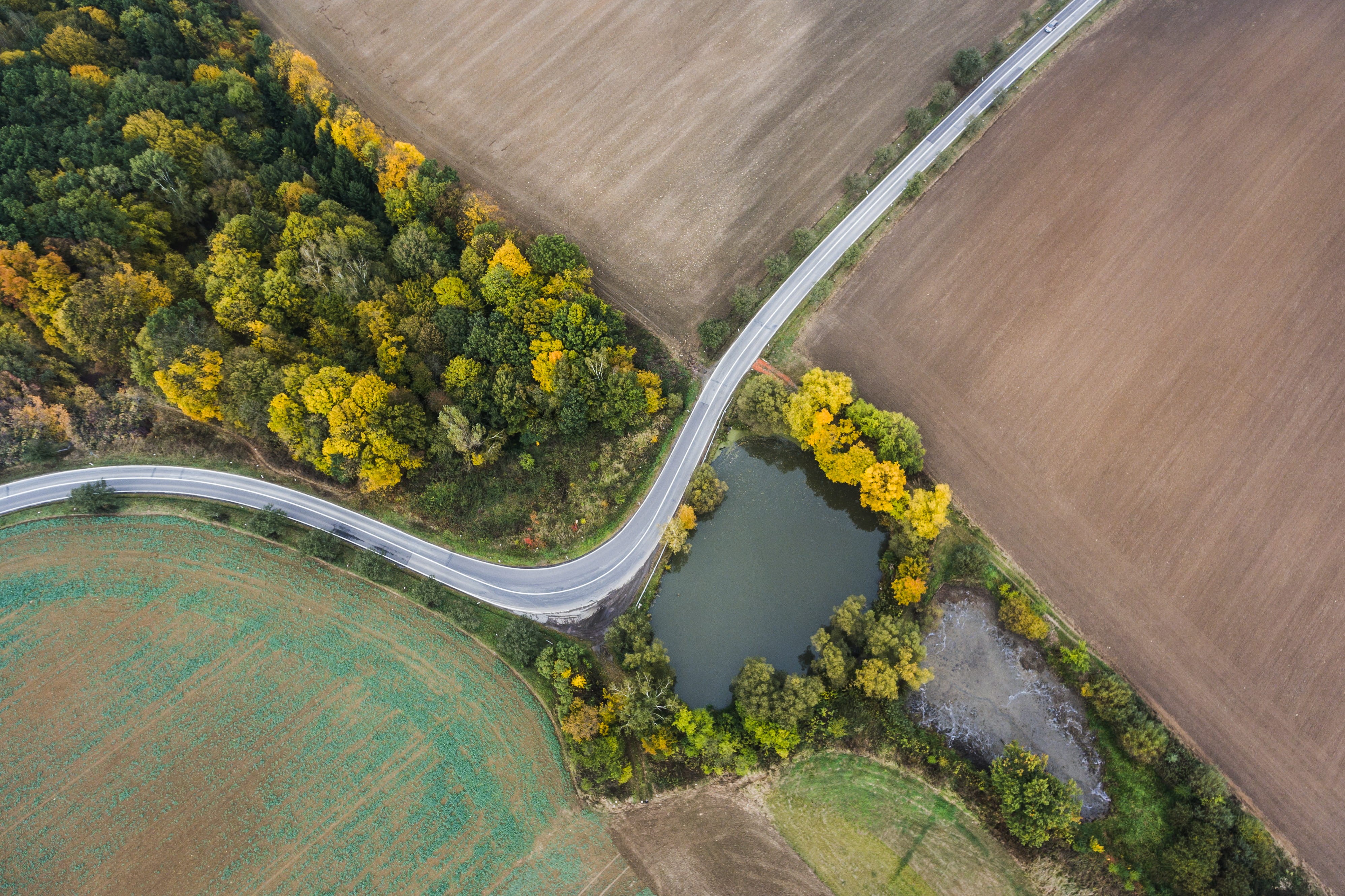 highway, scenics, airplane, trees, fields, beauty in nature, plant, poland, rural Scene, roads, water, curve, landscape, river, nature, driving, environment, HD Wallpaper