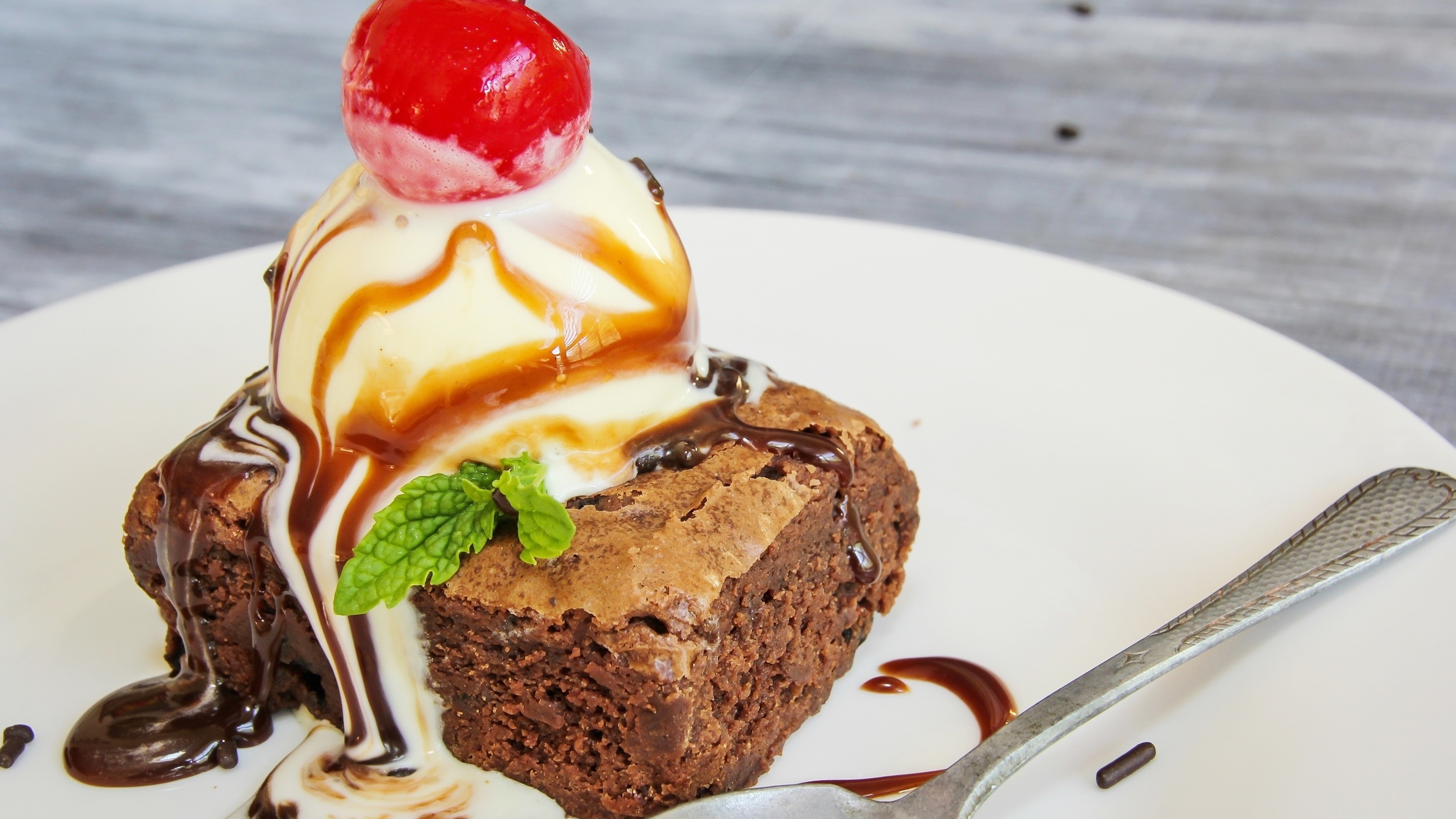 Cake, Food, ice, Dessert, Chocolate, 4K, Sweet, cream, Cherry, brownies, HD Wallpaper