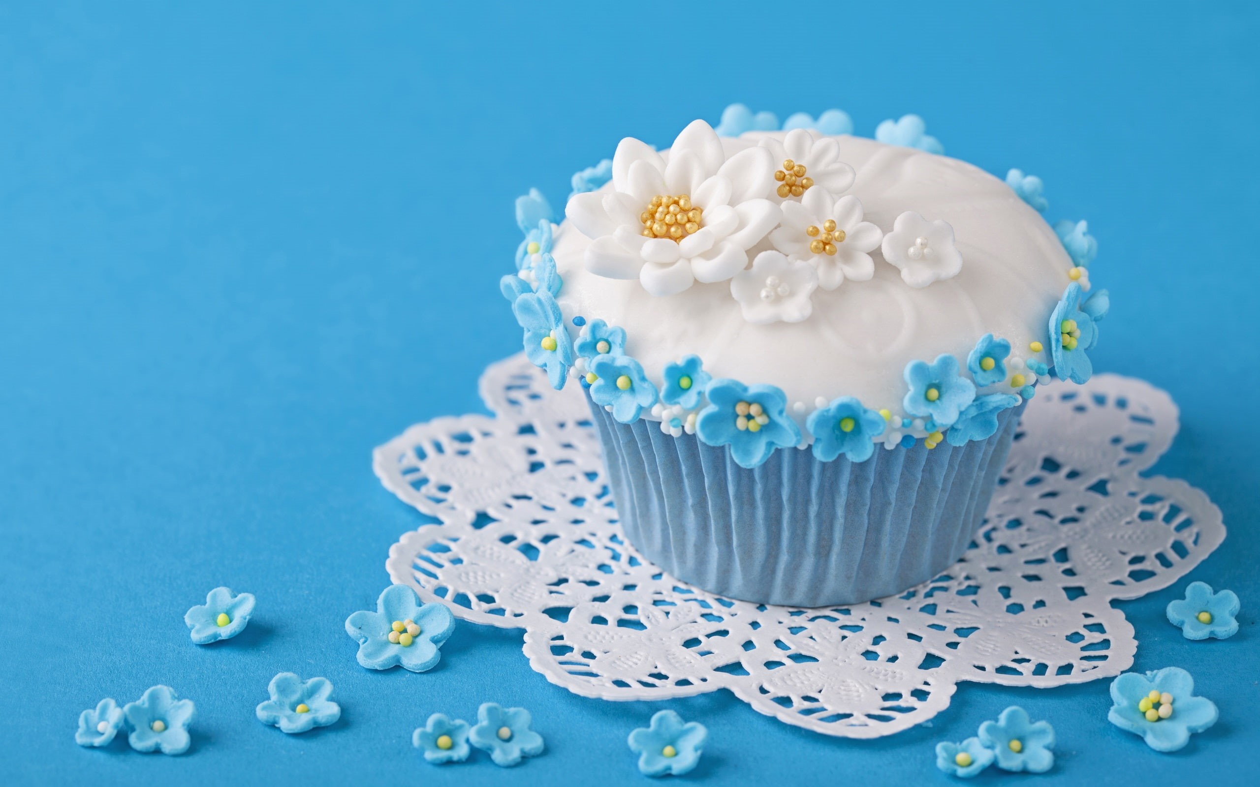 Sweet, Flowers, cupcake, Food, Cake, Background, 2K, icing, Blue, HD Wallpaper