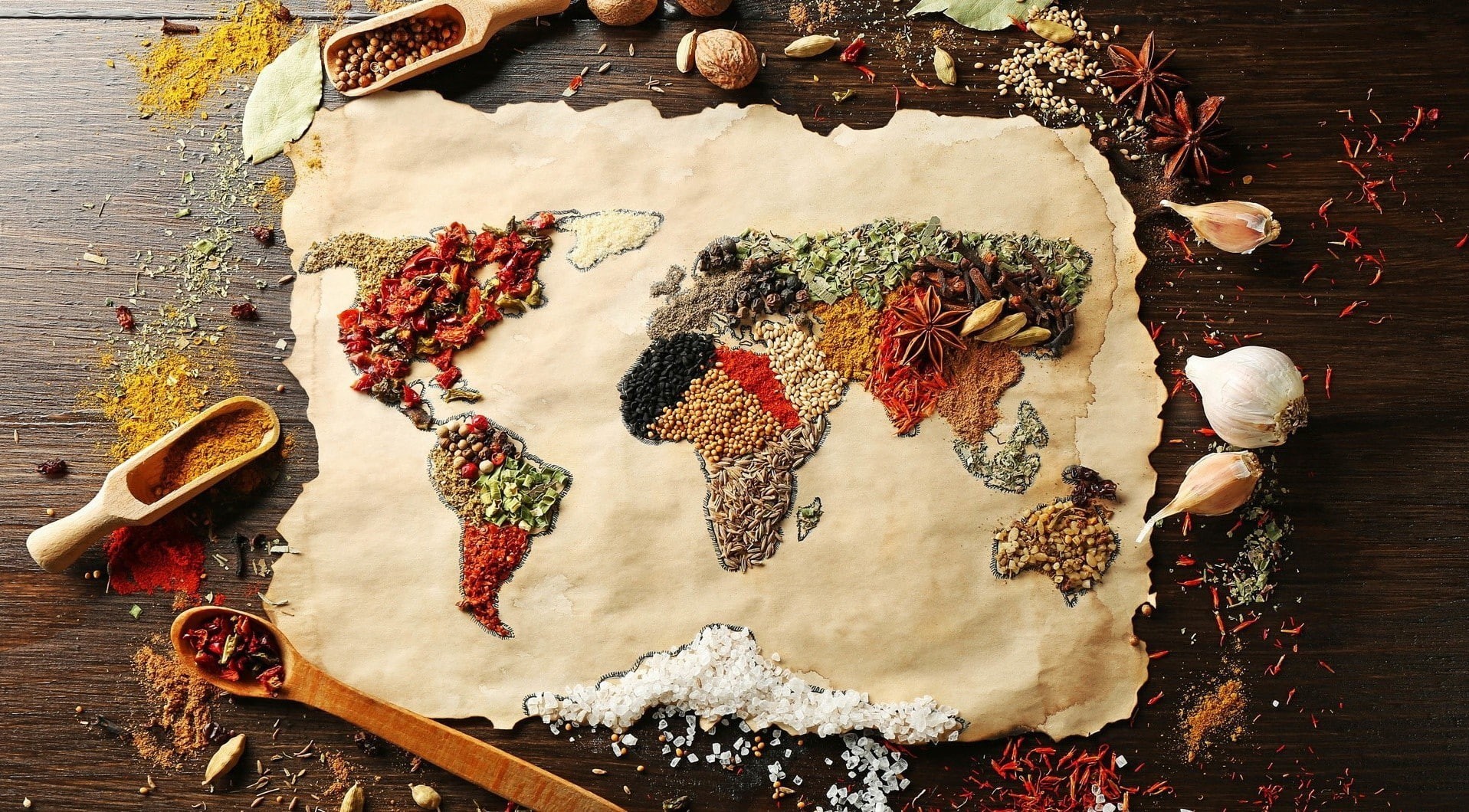 world, art and craft, spices, representation, directly above, food and drink, material, table, wood - material, 720P, pattern, freshness, high angle view, HD Wallpaper