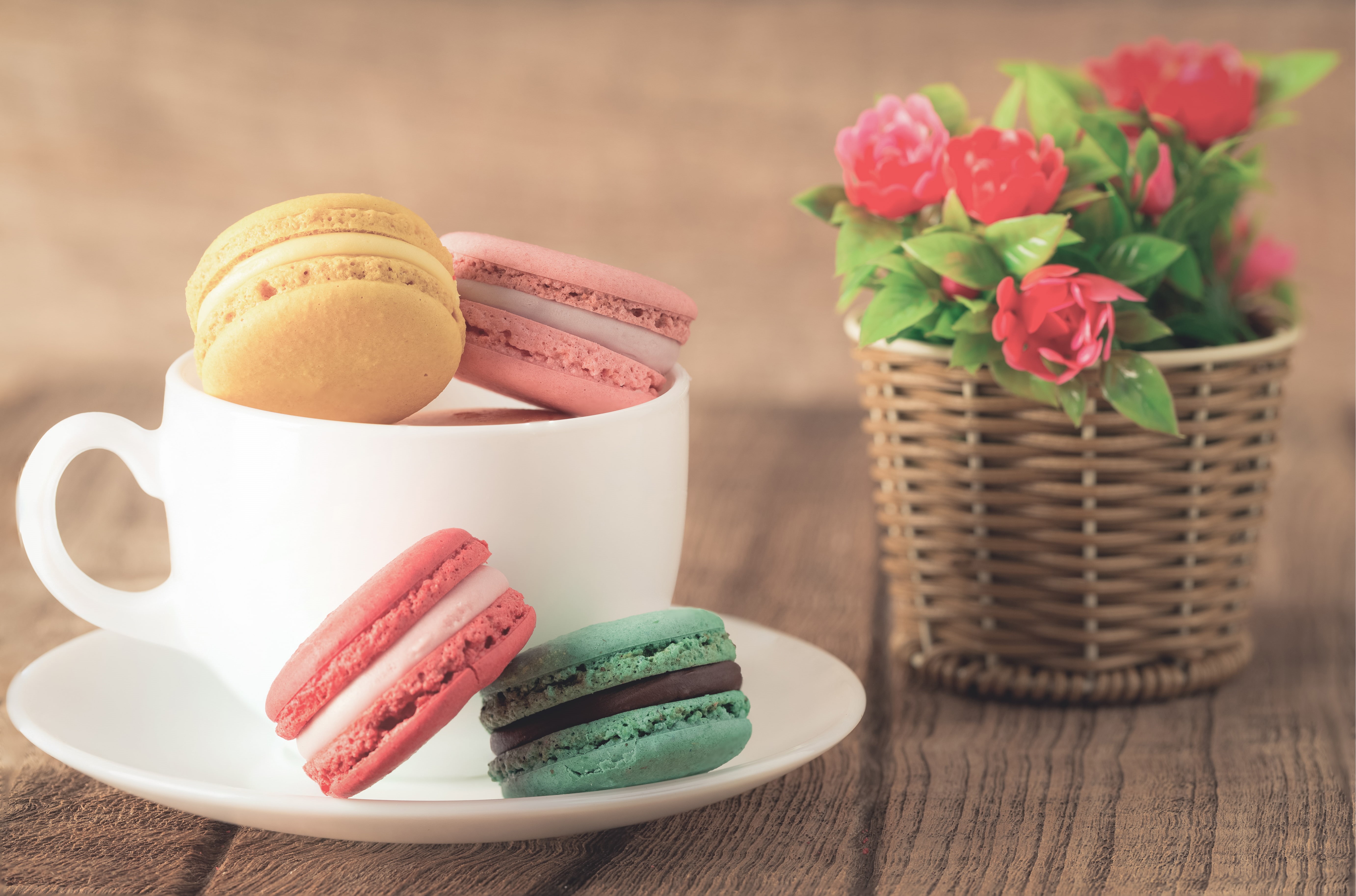 cake, love, flower, table, cup, refreshment, baking, drink, wood - Material, macaroon, sweet Food, basket, candy, brown, coffee, no People, container, snack, HD Wallpaper