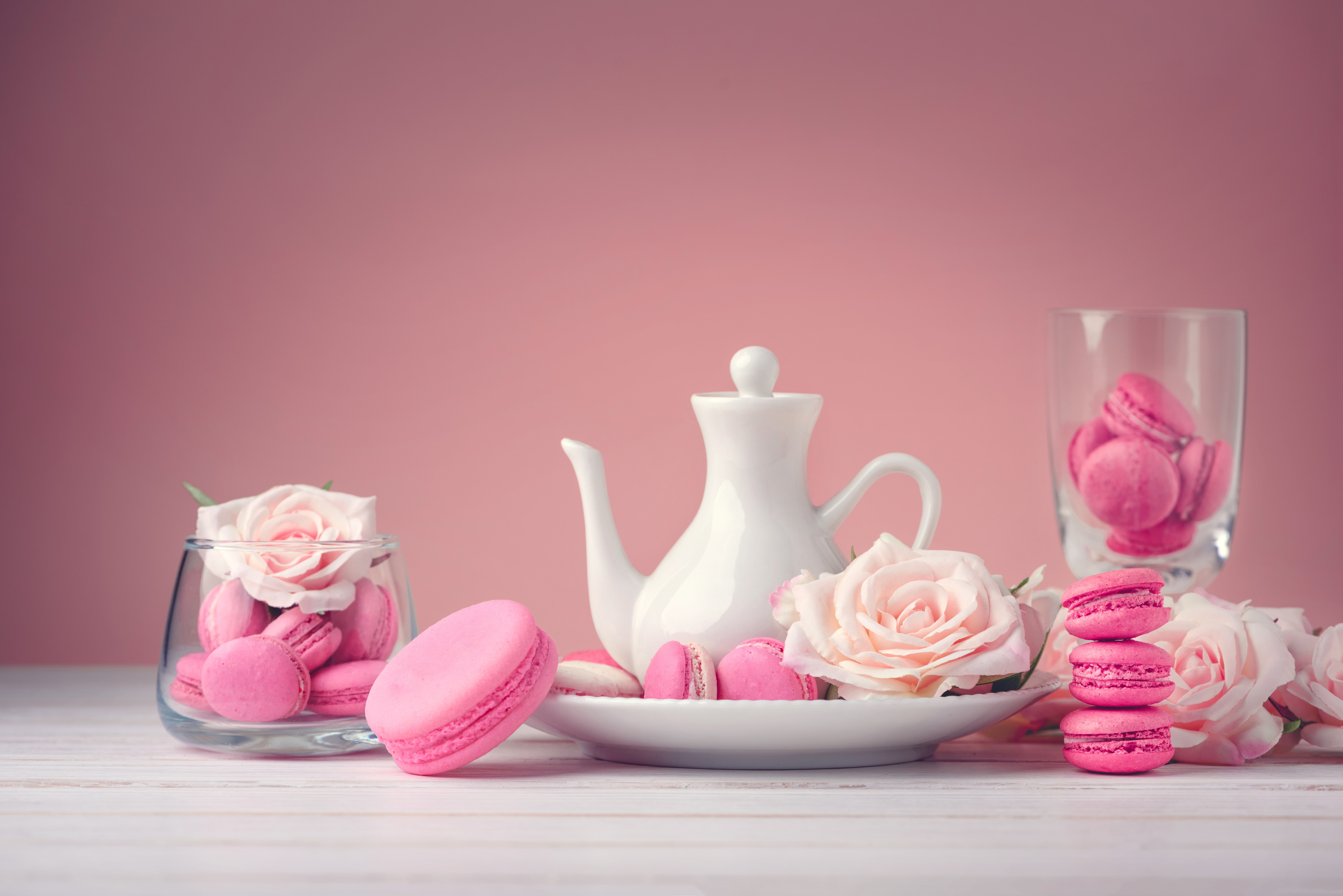 dessert, roses, pink, macaroon, flowers, sweet, 5K, french, cakes, macaron, HD Wallpaper