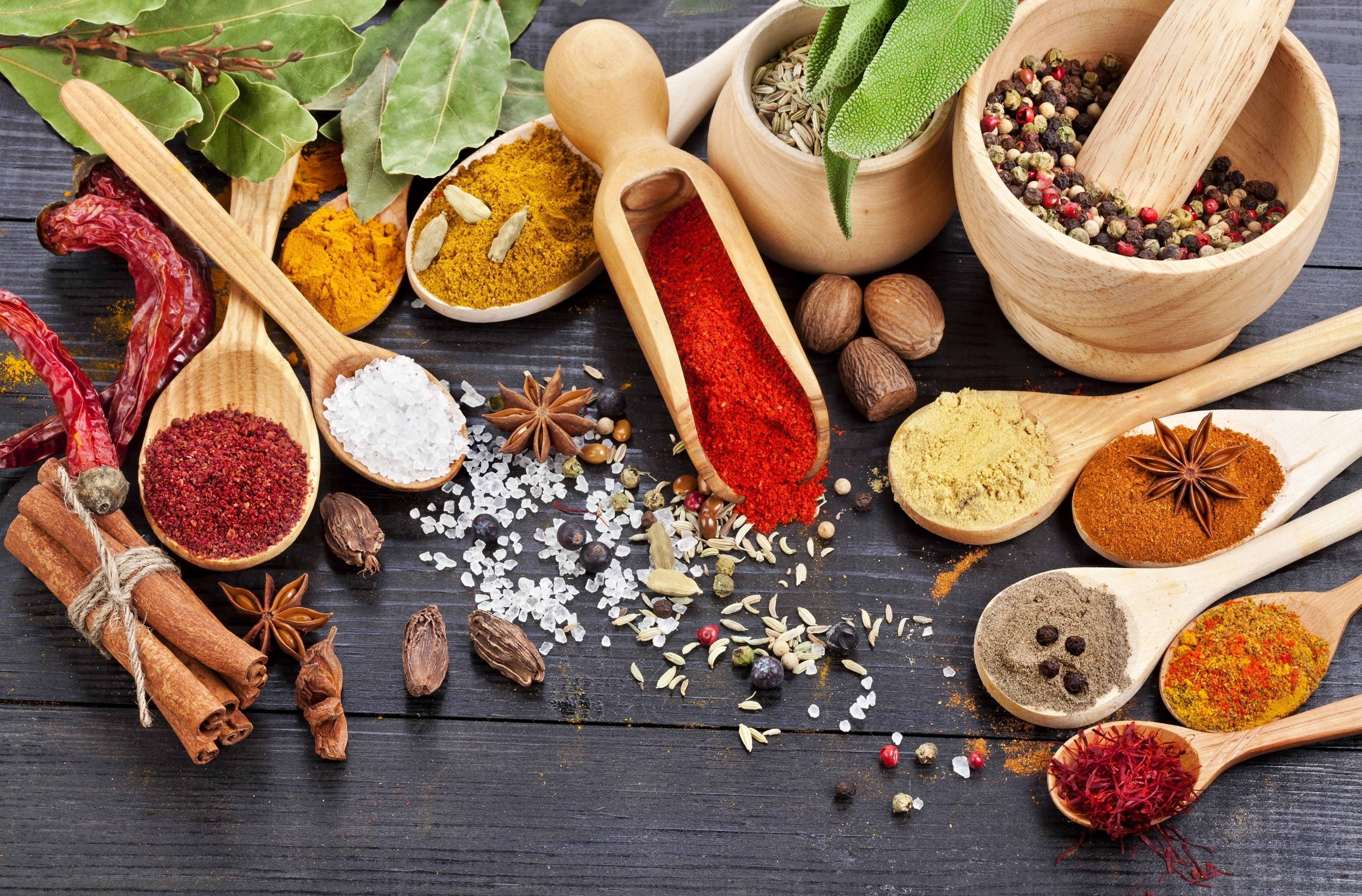 walnut, bowls, cinnamon, Anis, seasoning, cumin, nutmeg, 2K, spices, pepper, red, HD Wallpaper