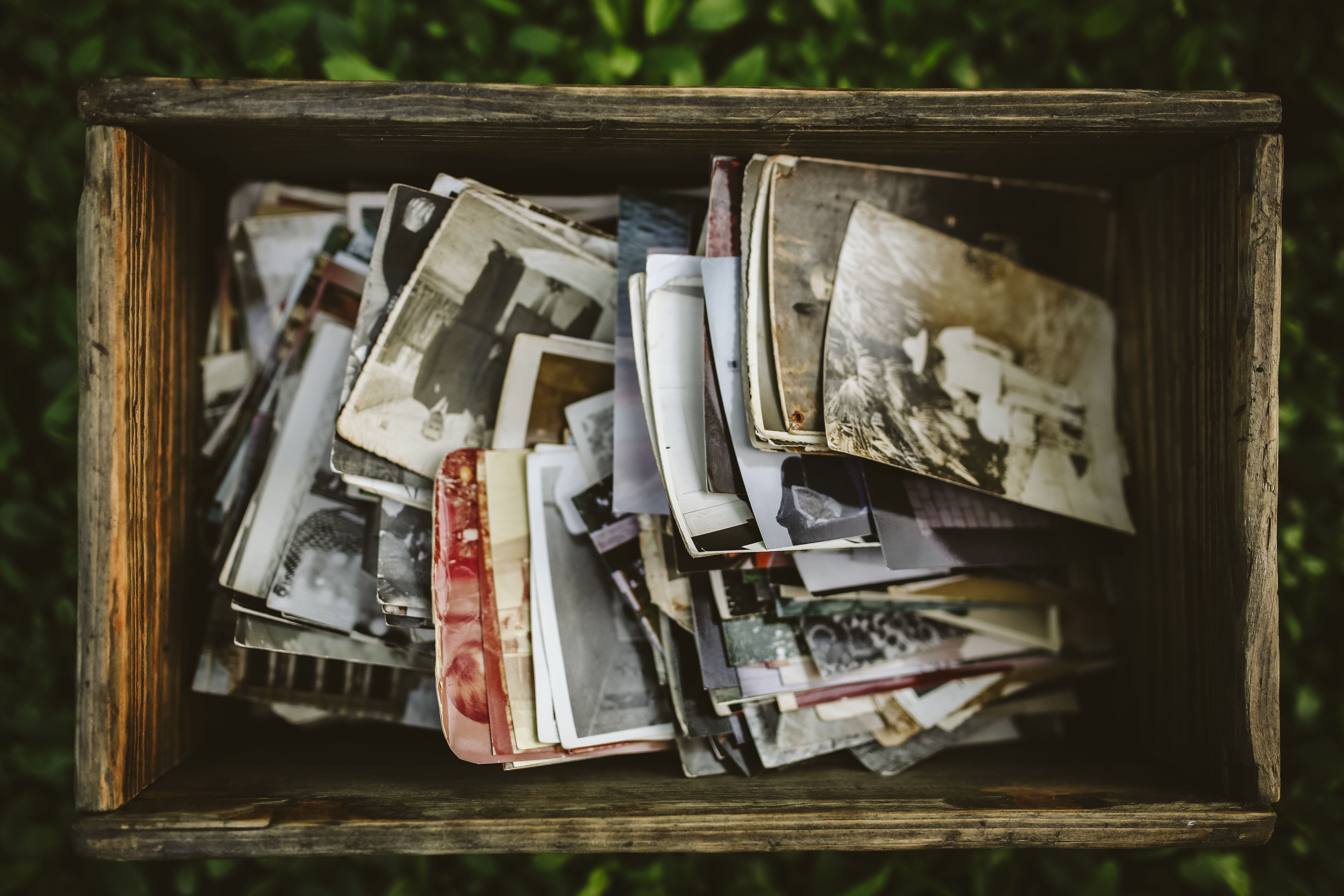 directly above, group of objects, container, mail, box, no people, wood - material, group, vintage, old-fashioned, book, photos, still life, publication, HD Wallpaper