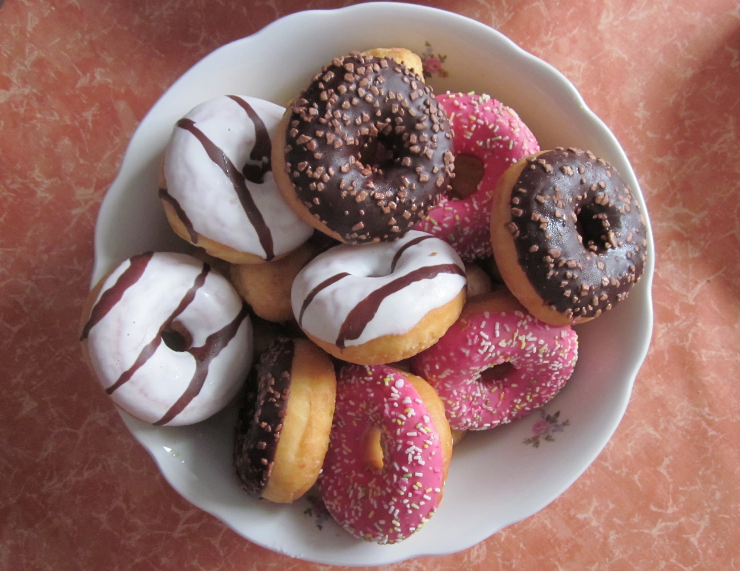 tea party, donuts, high angle view, food and drink, still life, temptation, unhealthy eating, baked, indoors, sweet Food, 1080P, dessert, pink, chocolate, HD Wallpaper