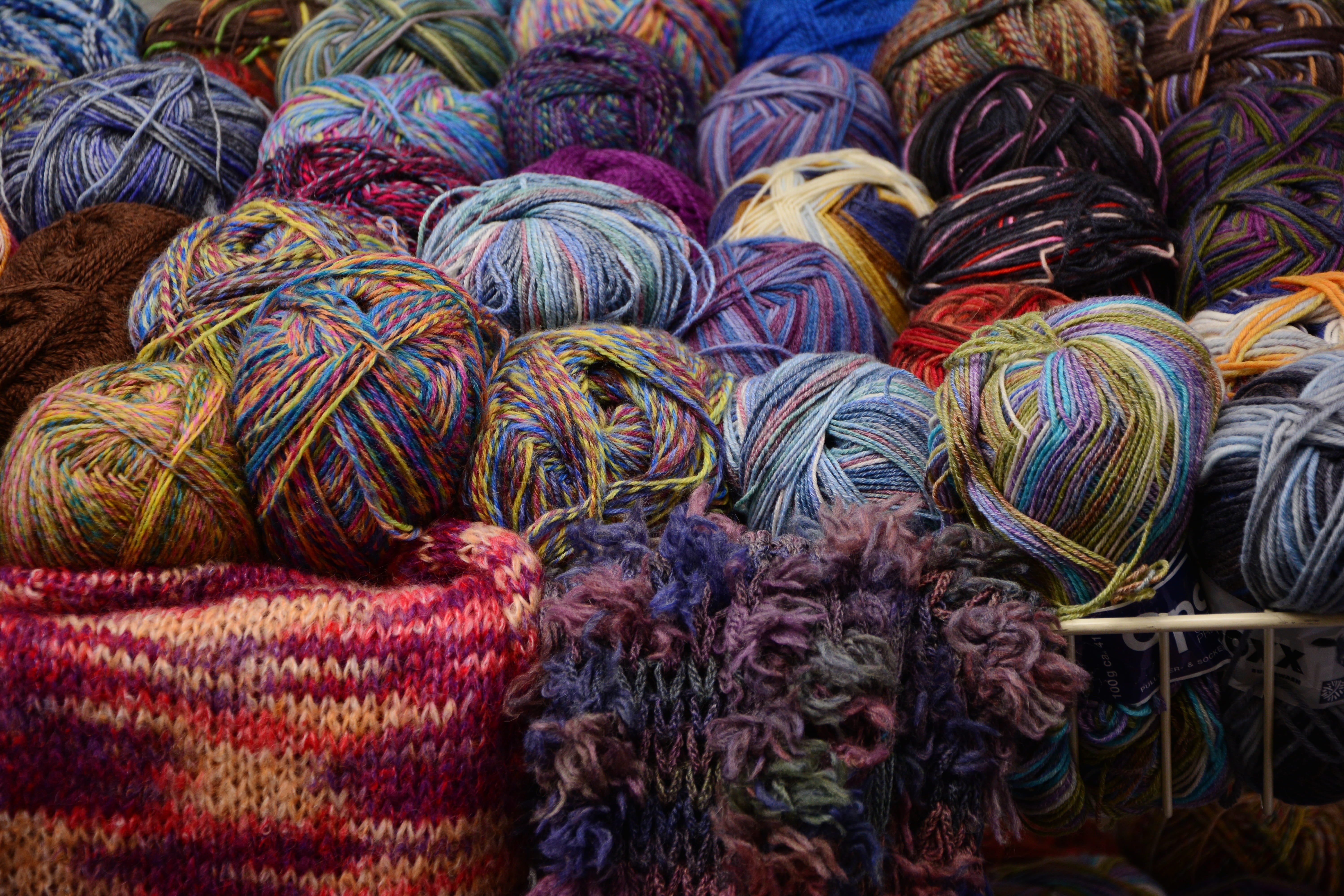 5K, yarn, pattern, soft, backgrounds, tangle, multi colored, high angle view, still life, retail display, colorful, collection, colorful wool, no people, HD Wallpaper