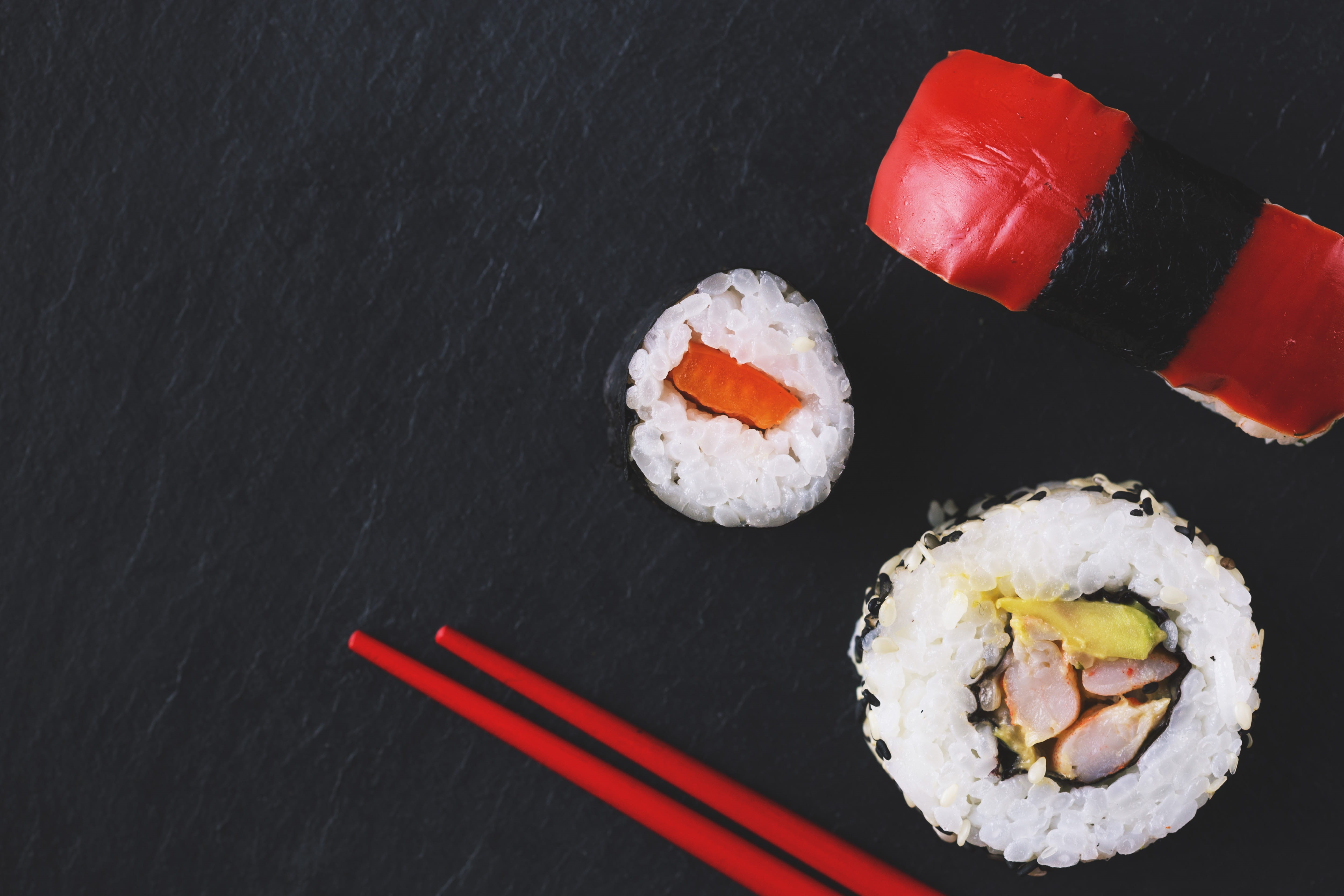 rice - food staple, black background, sushi, plate, food, indoors, no people, chopsticks, rice, directly above, seafood, healthy eating, asian, fish, food and Drink, HD Wallpaper
