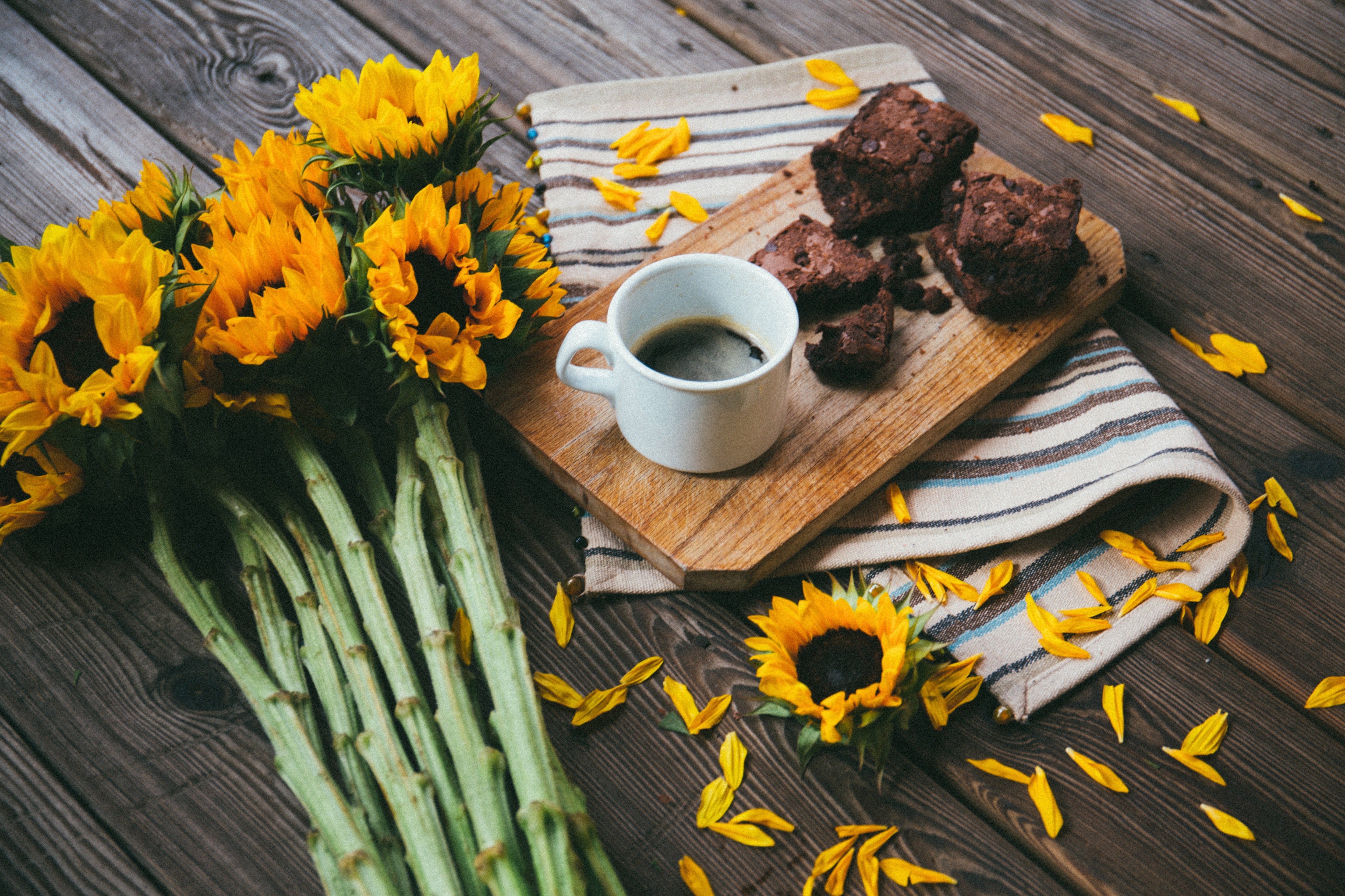 meal, nature, flower head, food and drink, cup, coffee cup, indoors, food, mug, plant, coffee, crockery, 4K, drink, table, breakfast, food/Drink, refreshment, HD Wallpaper