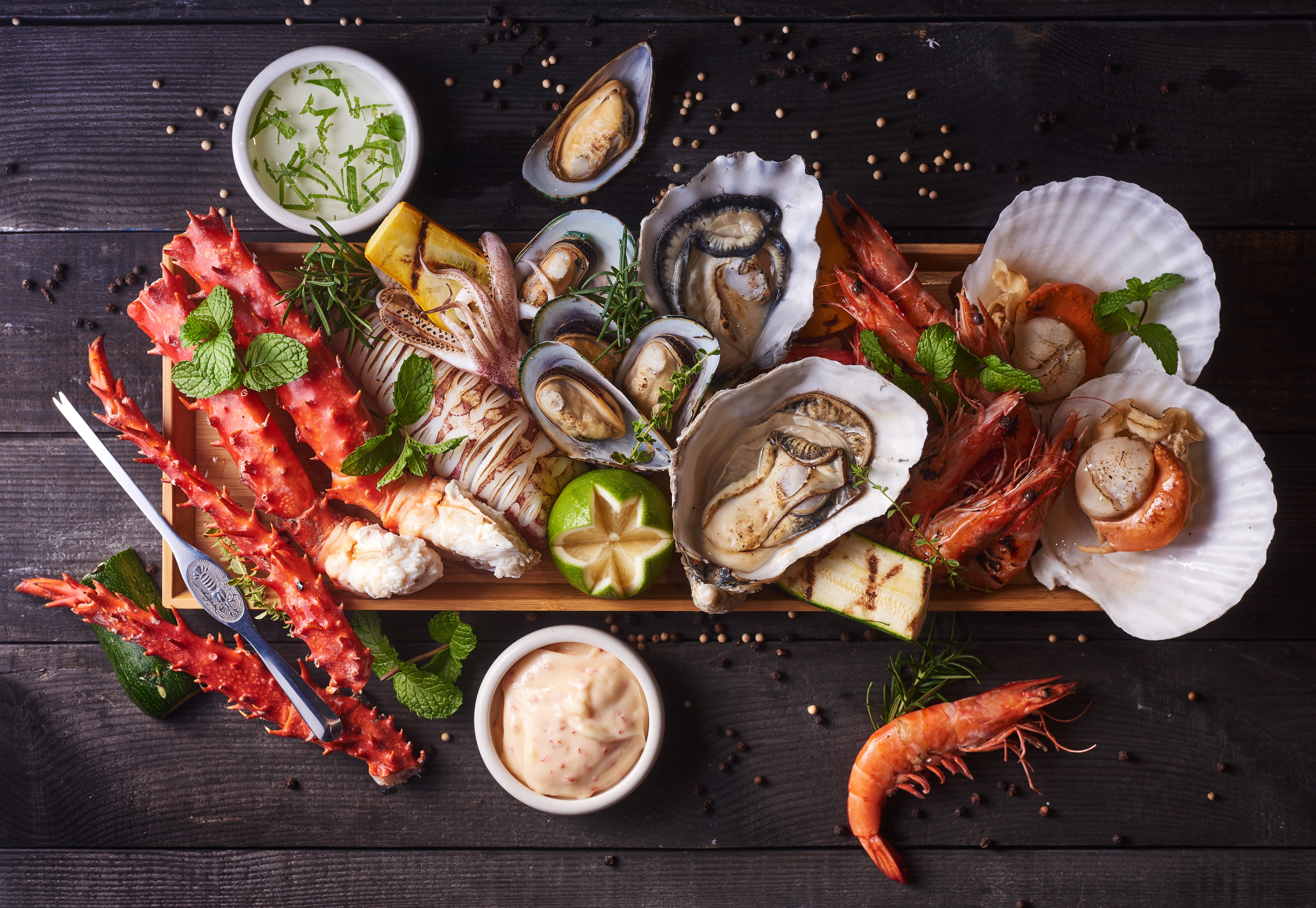 seafood, oysters, cuts, shrimp, 5K, lime, fish, HD Wallpaper