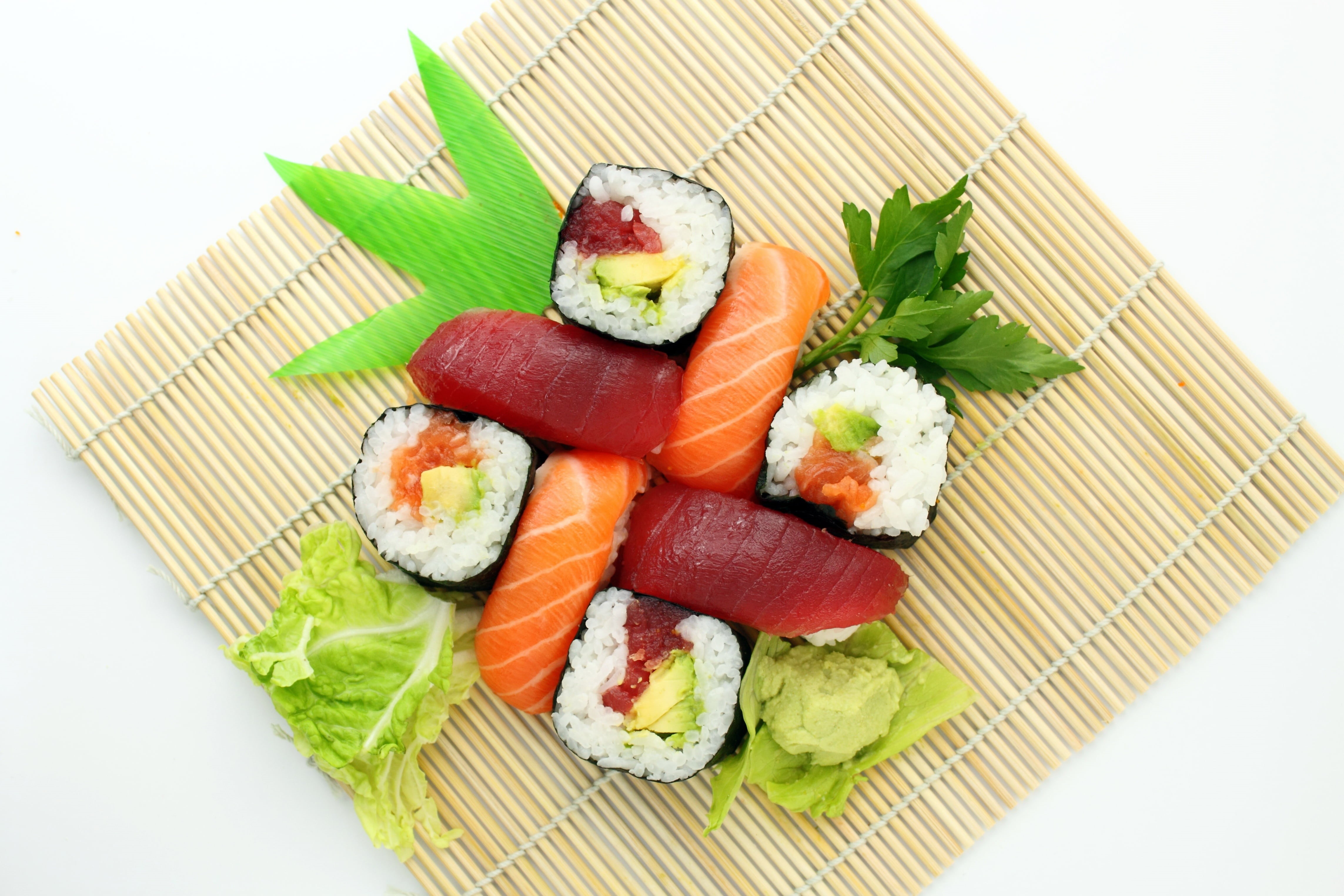 asian food, tasty, close-up, japanese food, rice - food staple, yummy, studio shot, white, japan, wasabi, vegetable, healthy, cut out, prepared Fish, 4K, HD Wallpaper