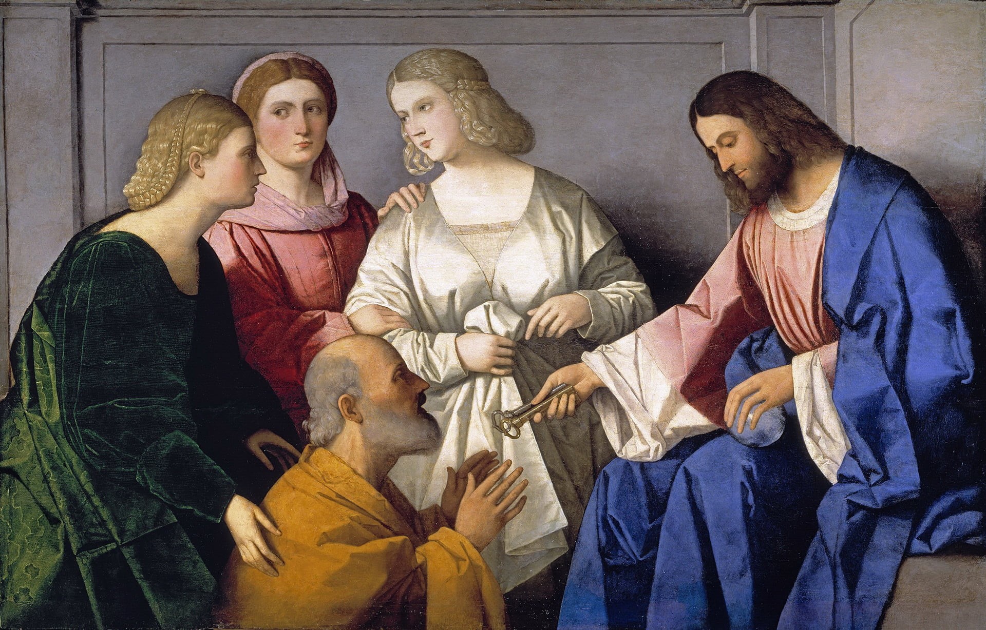 Vincenzo Catena, human representation, Christ Handing Keys To Saint Peter, architecture, males, mythology, adult, men, casual clothing, 1080P, spirituality, HD Wallpaper