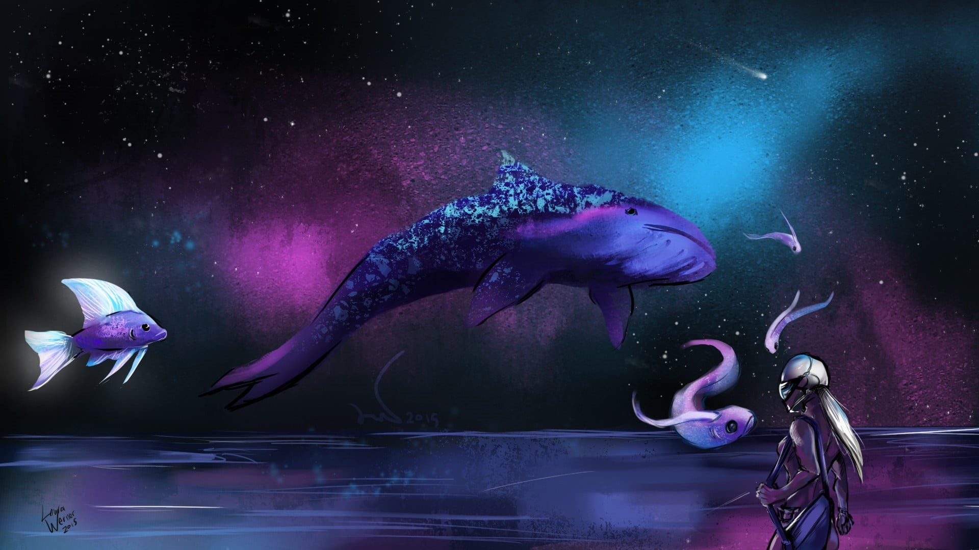 purple, near, sea, motion, animal wildlife, standing, science fiction, undersea, group of animals, sea life, night, whale, animal themes, fantasy art, marine, HD Wallpaper