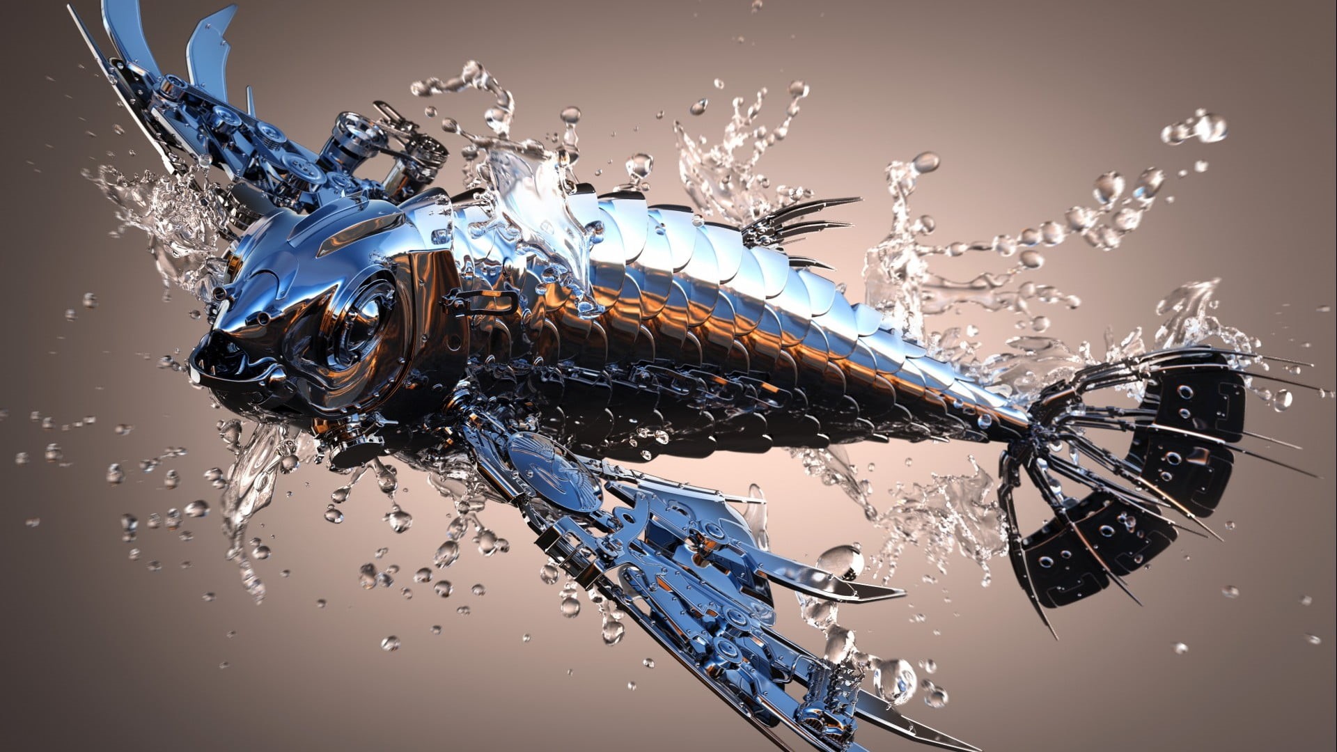 flying, close-up, creativity, 1080P, silver, motion, technology, colored background, digital, fish, outdoors, CGI, metal, representation, water, HD Wallpaper